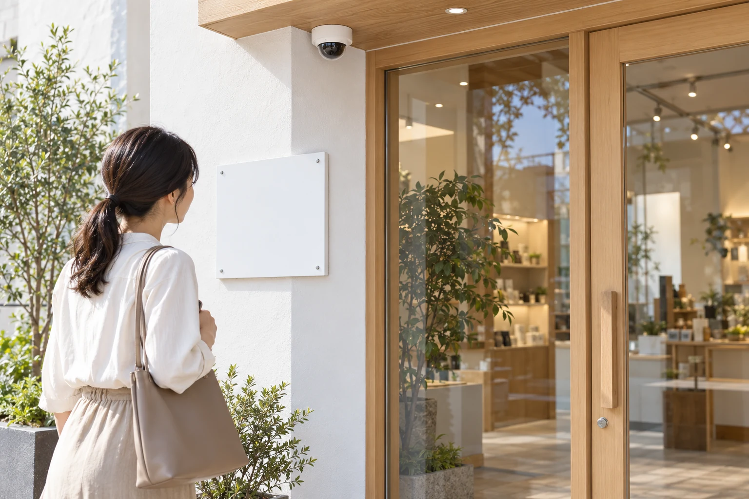 来訪者が入口横の掲示板を見ている。通る位置から掲示の場所を認識できる