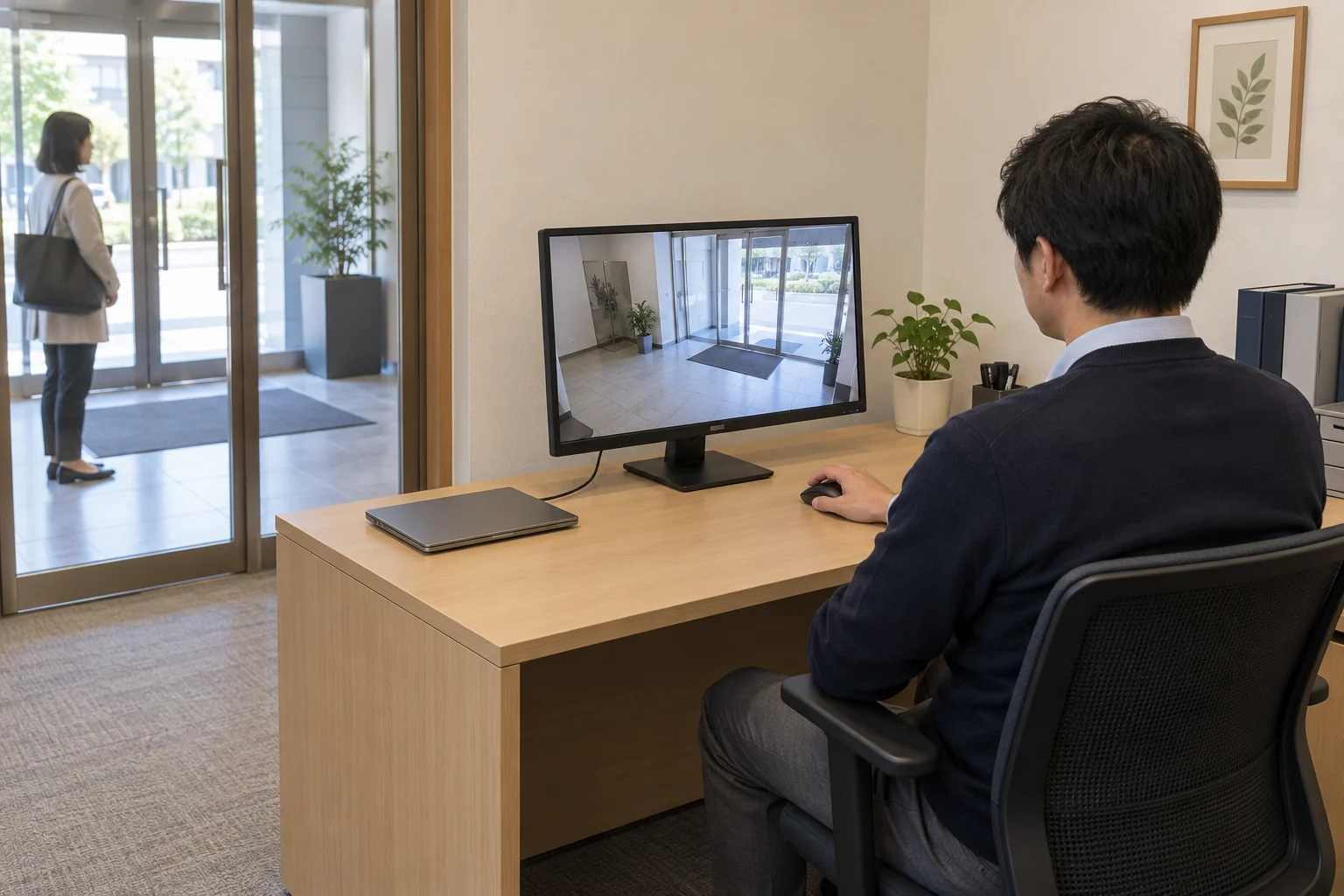 受付側から画面が見えない向きのモニターで、担当者が共用の出入口映像を確認している