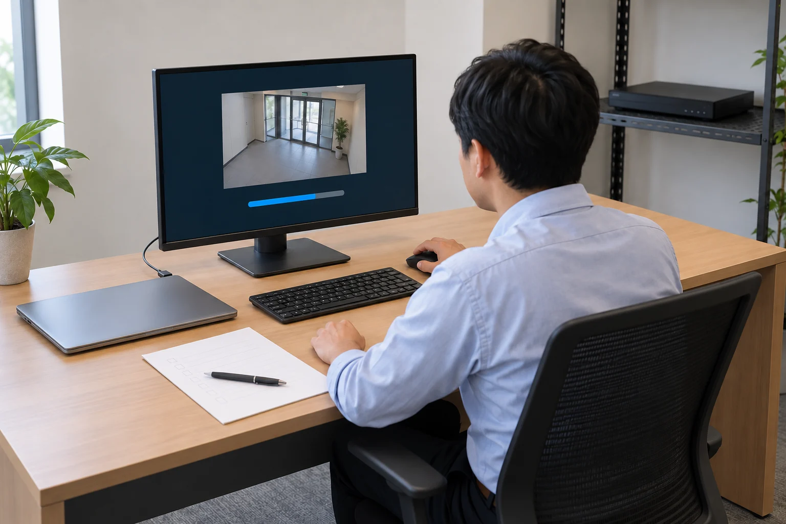 録画装置のある管理室で、担当者がモニターの更新表示と入口の映像を確認している