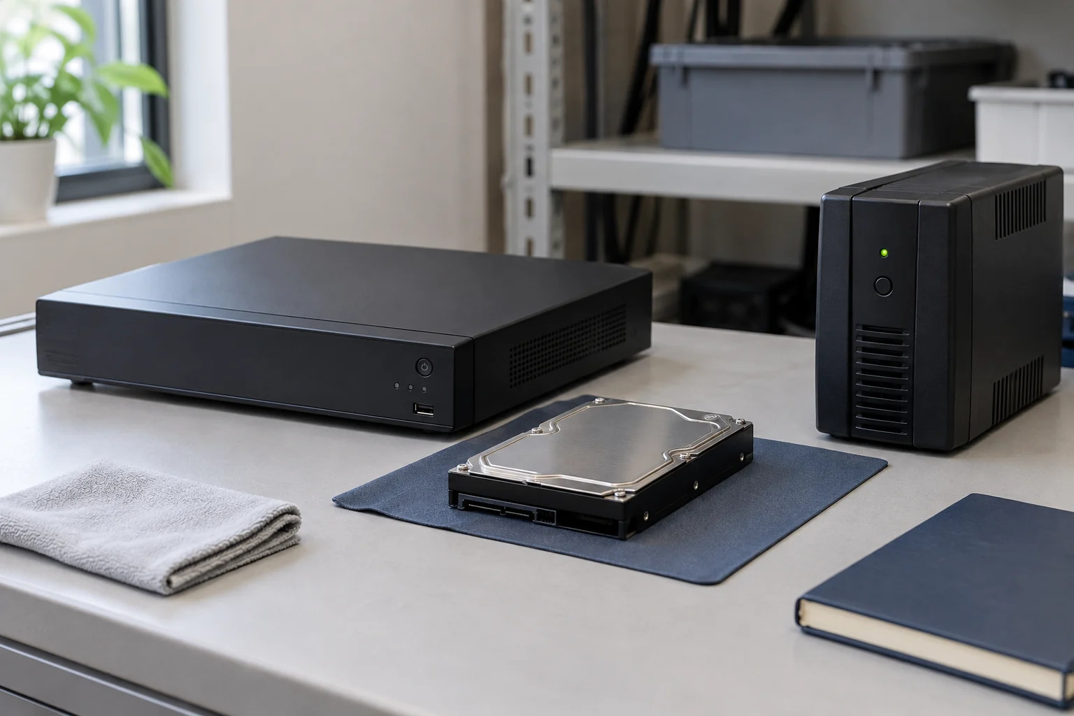 点検台の上に、録画装置、外したHDD、独立したUPSが並んでいる