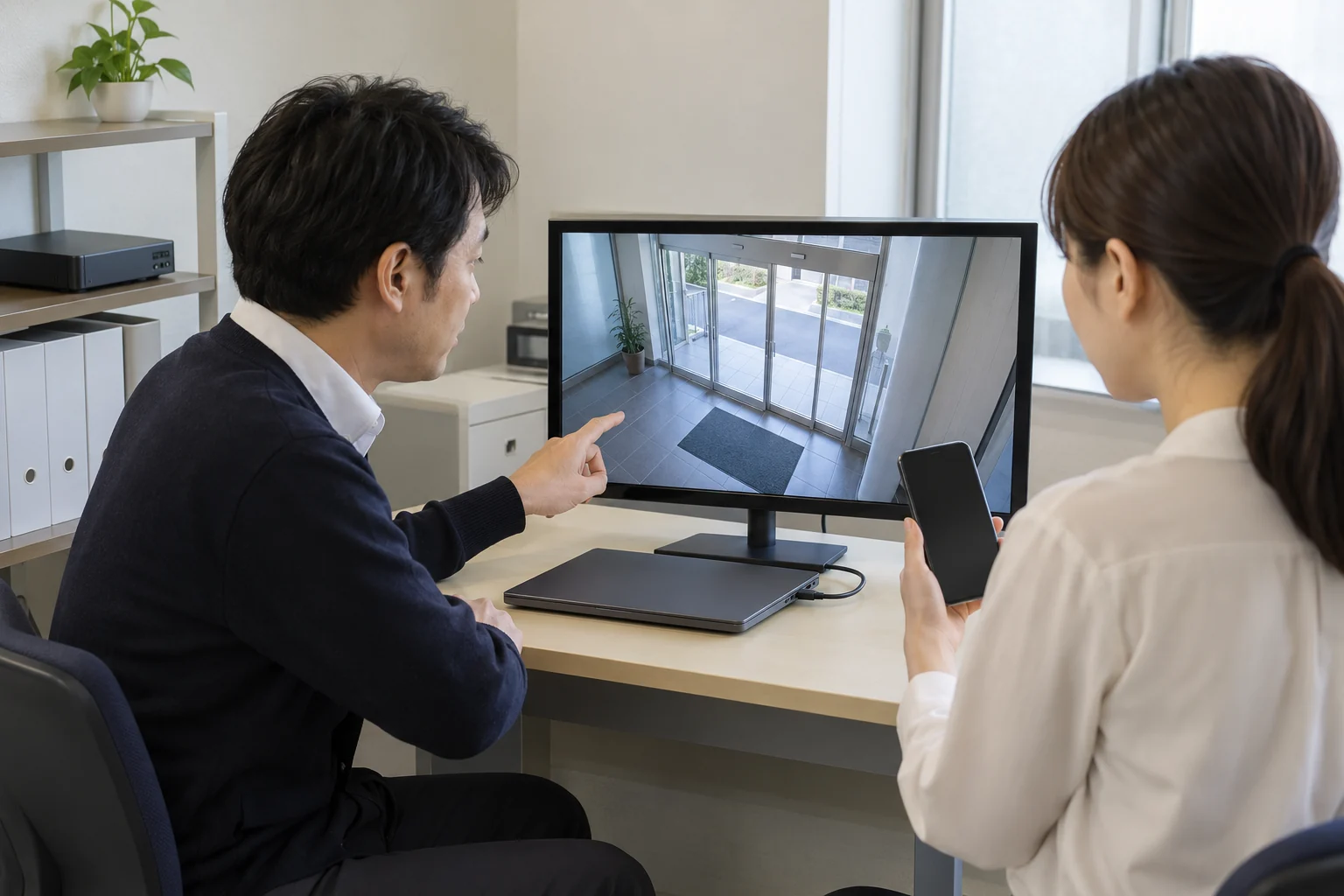 二人の担当者が、現地の入口映像を映すモニターとスマートフォンを見比べている