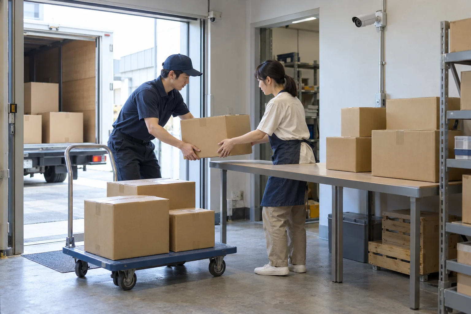 店舗の搬入口で担当者が台車から荷物を作業台へ移しており、壁のカメラと仮置きの箱が見える