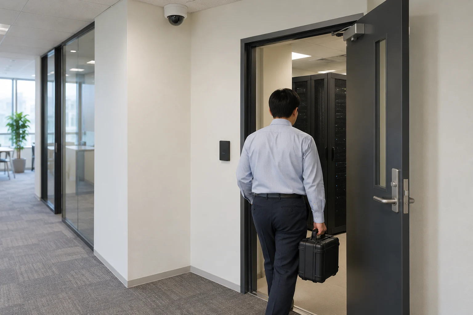 設備室の入口を通る担当者が機器用ケースを運び、入口の上に取り付けられたカメラが見える