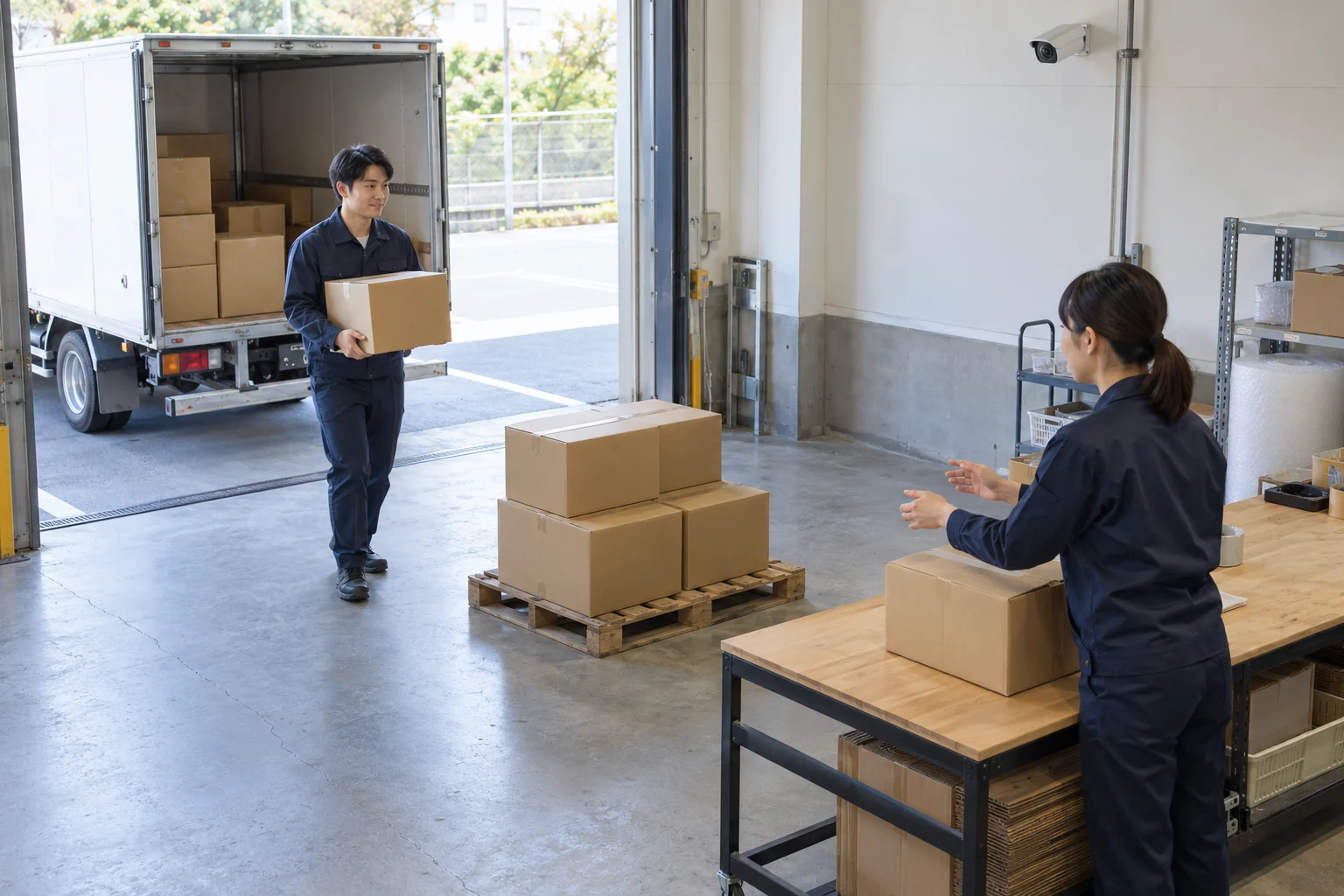 荷捌き場でトラックから運ばれた箱、仮置きのパレット、受け渡しの作業台が一つの場面に見える