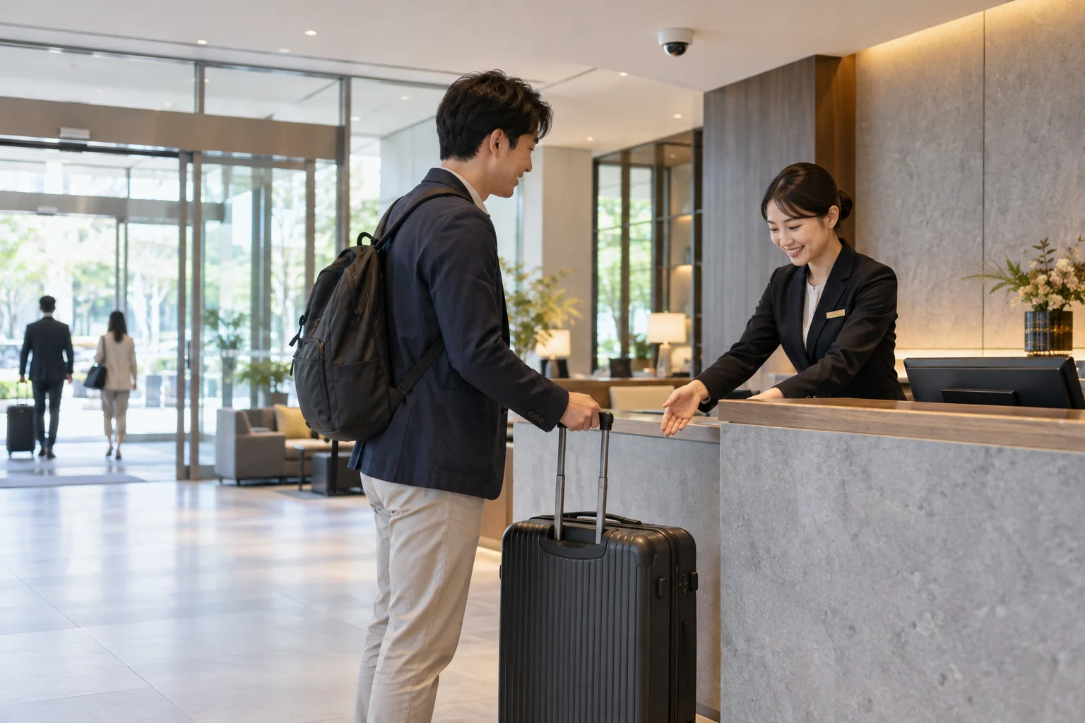 ホテルの入口を奥に見渡せるロビーで、スタッフと宿泊者がフロントで荷物を受け渡している