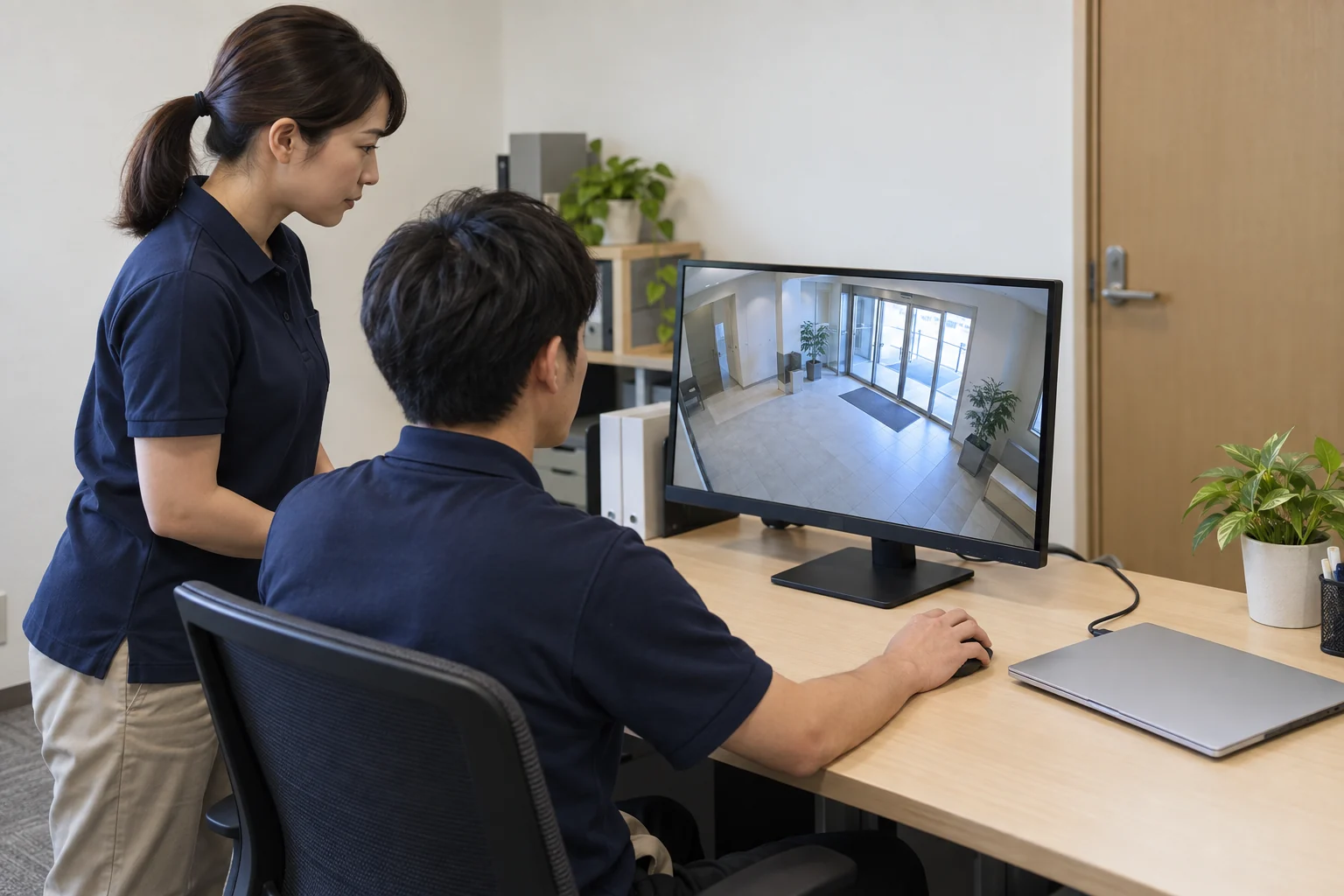 施設の非公開の執務室で、二人の担当者が人のいない共用入口の映像を確認している