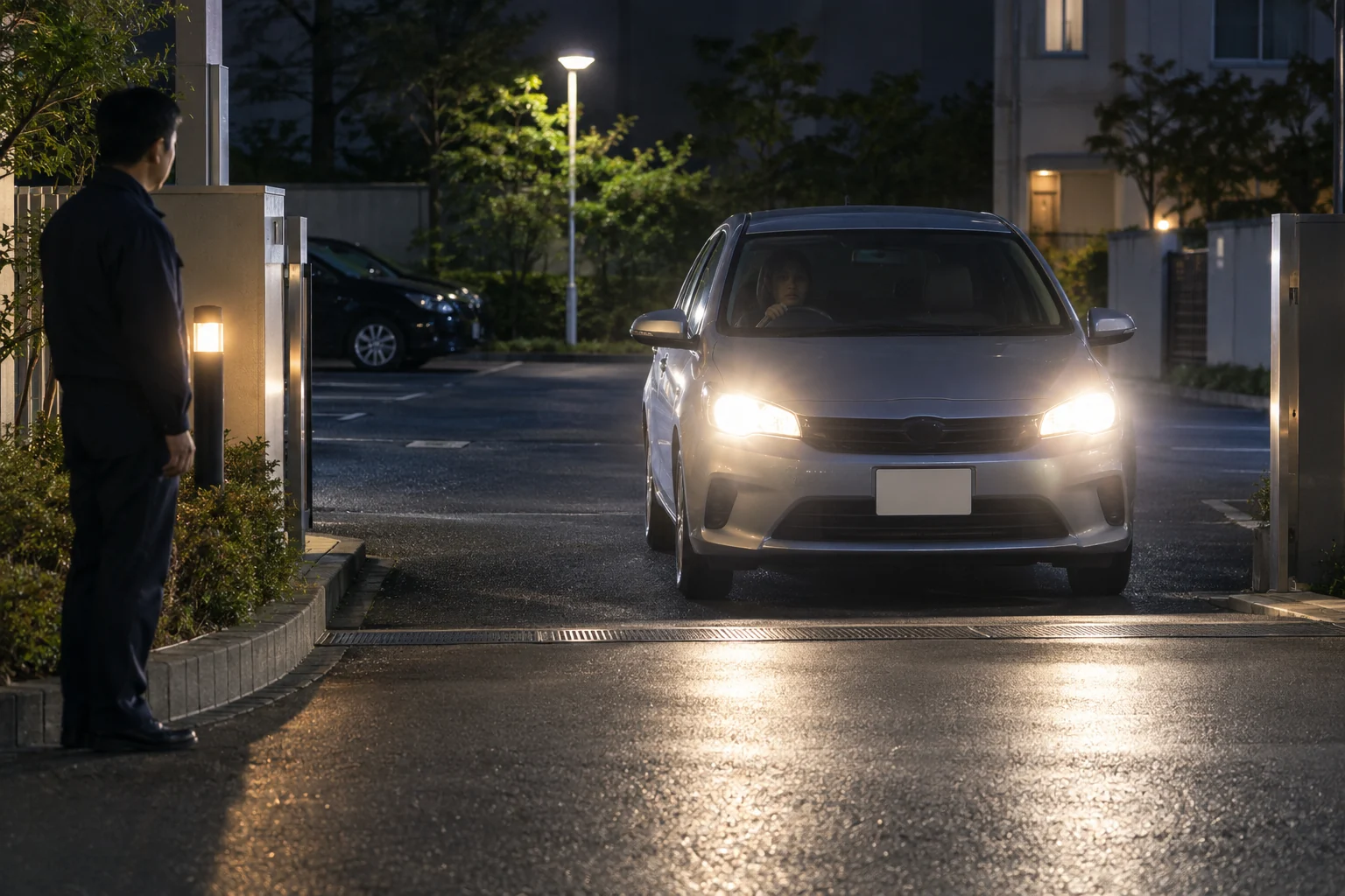 夜の駐車場入口で車のヘッドライトと白いプレート面が明るく反射し、車の脇に立つ担当者と周囲の明るさが異なる