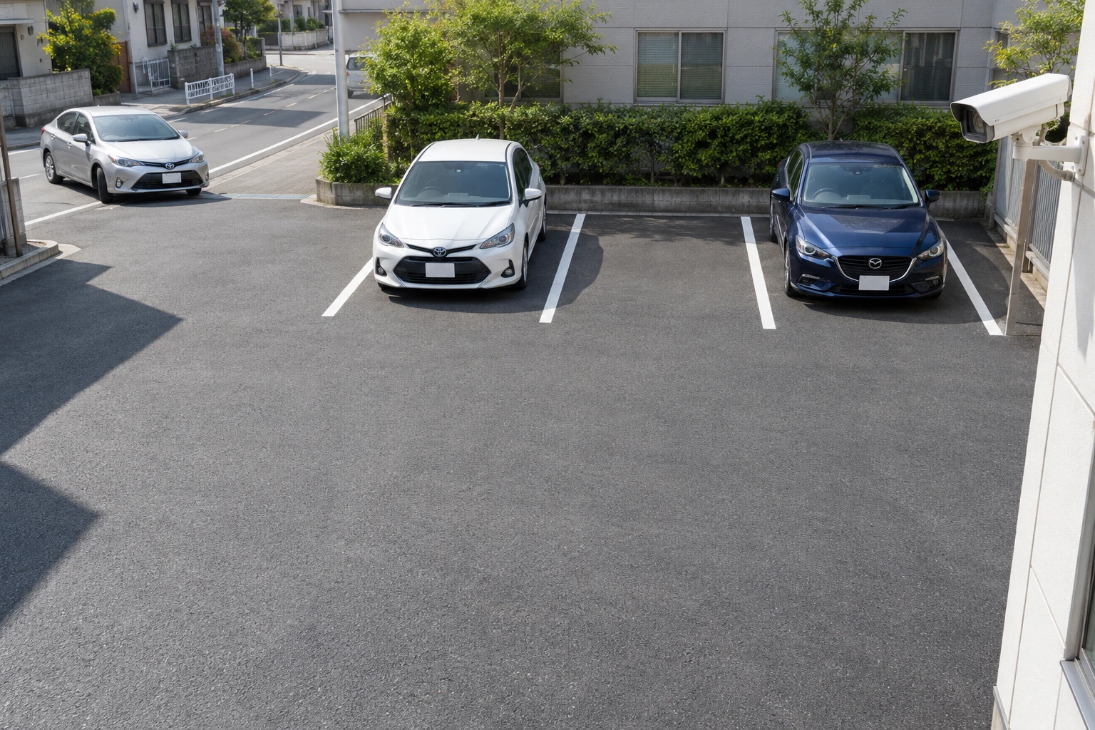 会社の駐車場を斜め上から見渡すと、車両の入口、敷地内の通路、駐車中の車室が分かれている