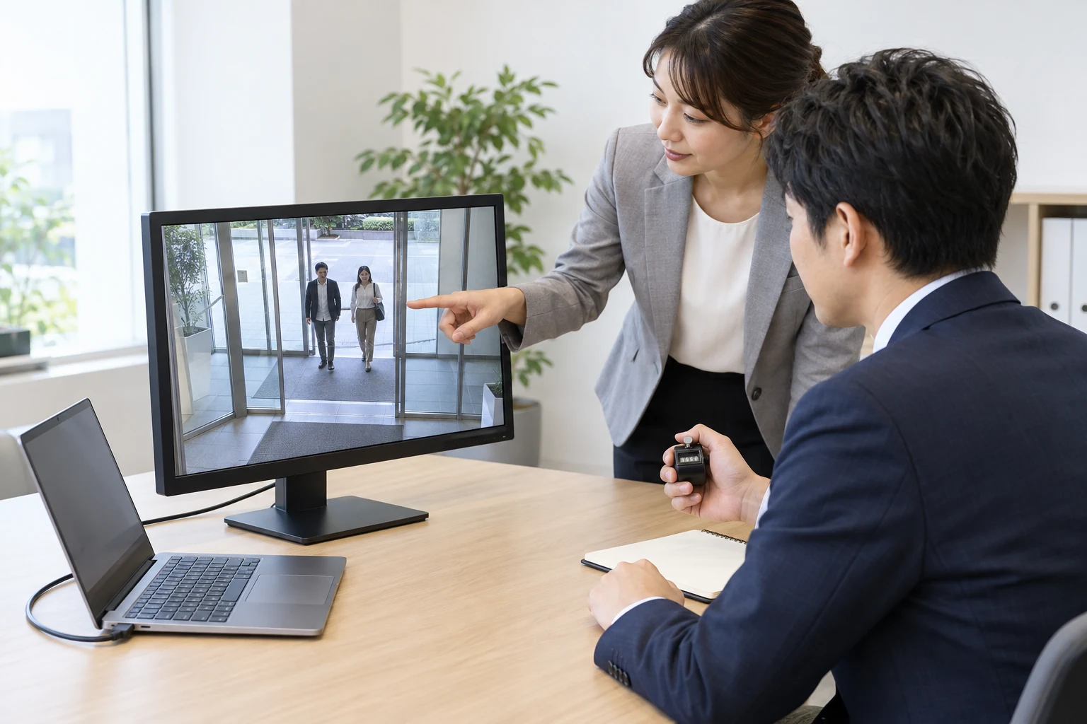 二人の担当者が入口を同時に通る人の映像を確認し、一人が手動カウンターを使って数えている