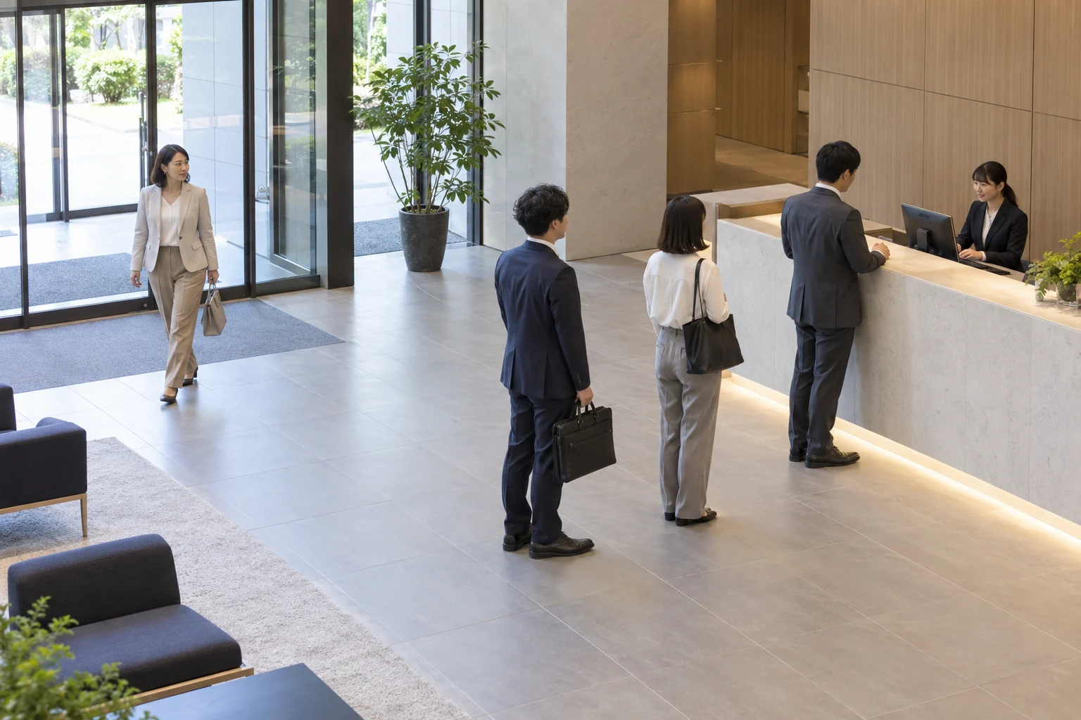 受付で対応中の来訪者の後ろに二人が待ち、入口から別の来訪者が歩いてくる共用ロビー