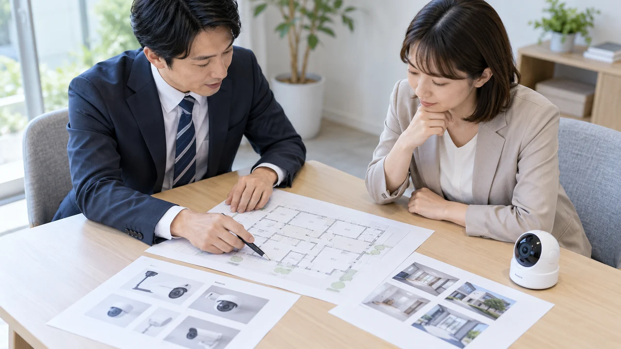 カメラのサンプルを置いた机で建物の図面と資料を見比べる二人