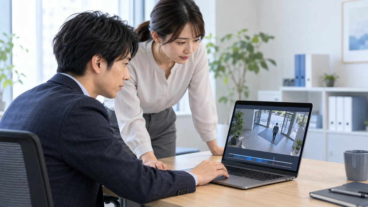 ノートパソコンに映る出入口の場面を一緒に確認する二人の担当者
