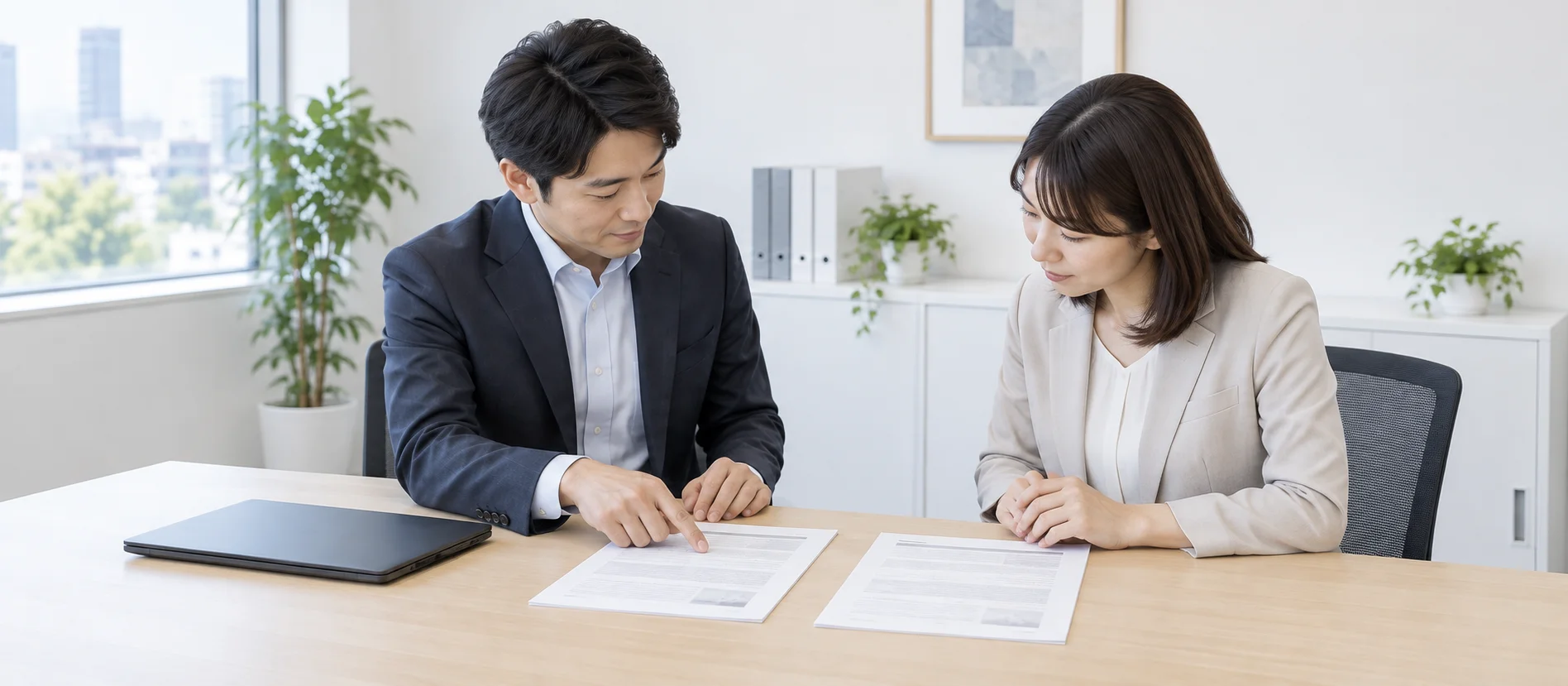設備の導入資料を並べて比較する二人の担当者
