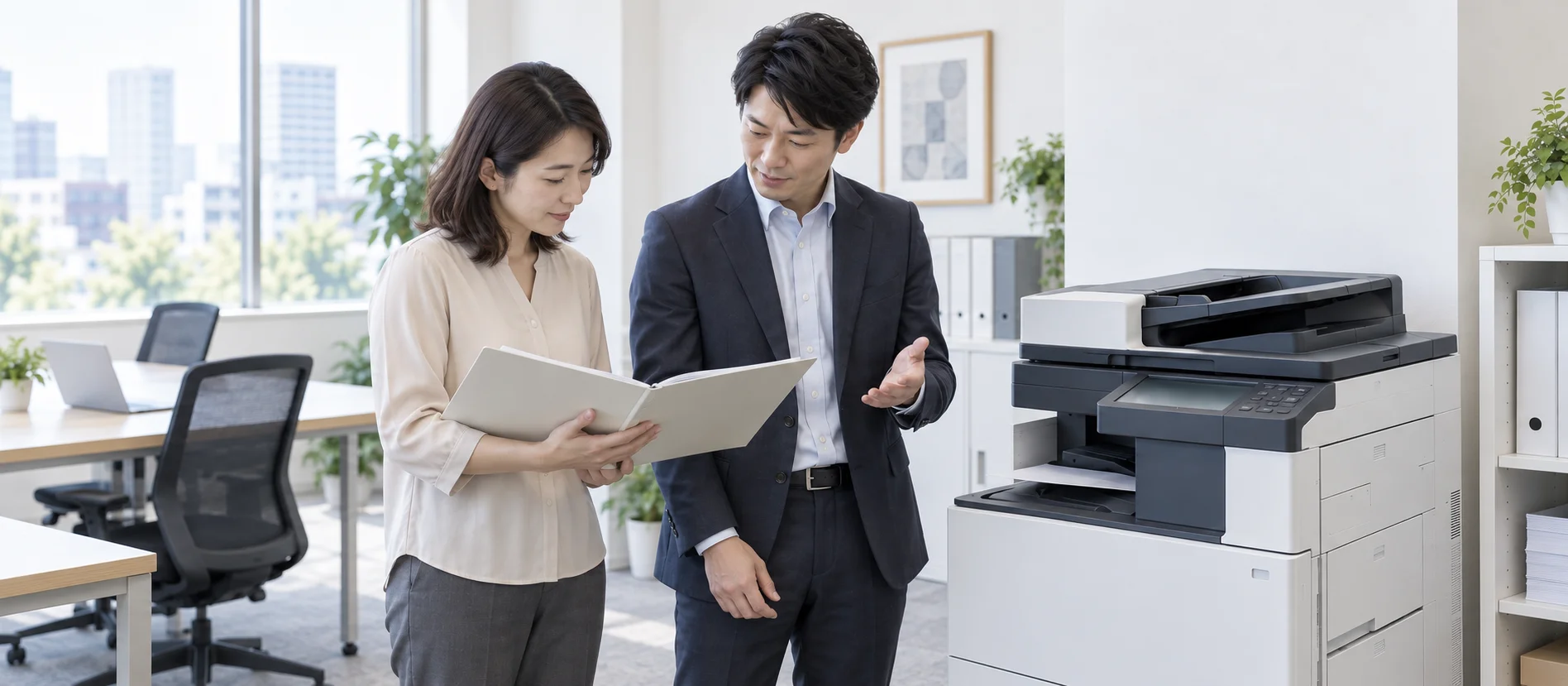 設置済みの複合機のそばで資料を確認する二人の担当者