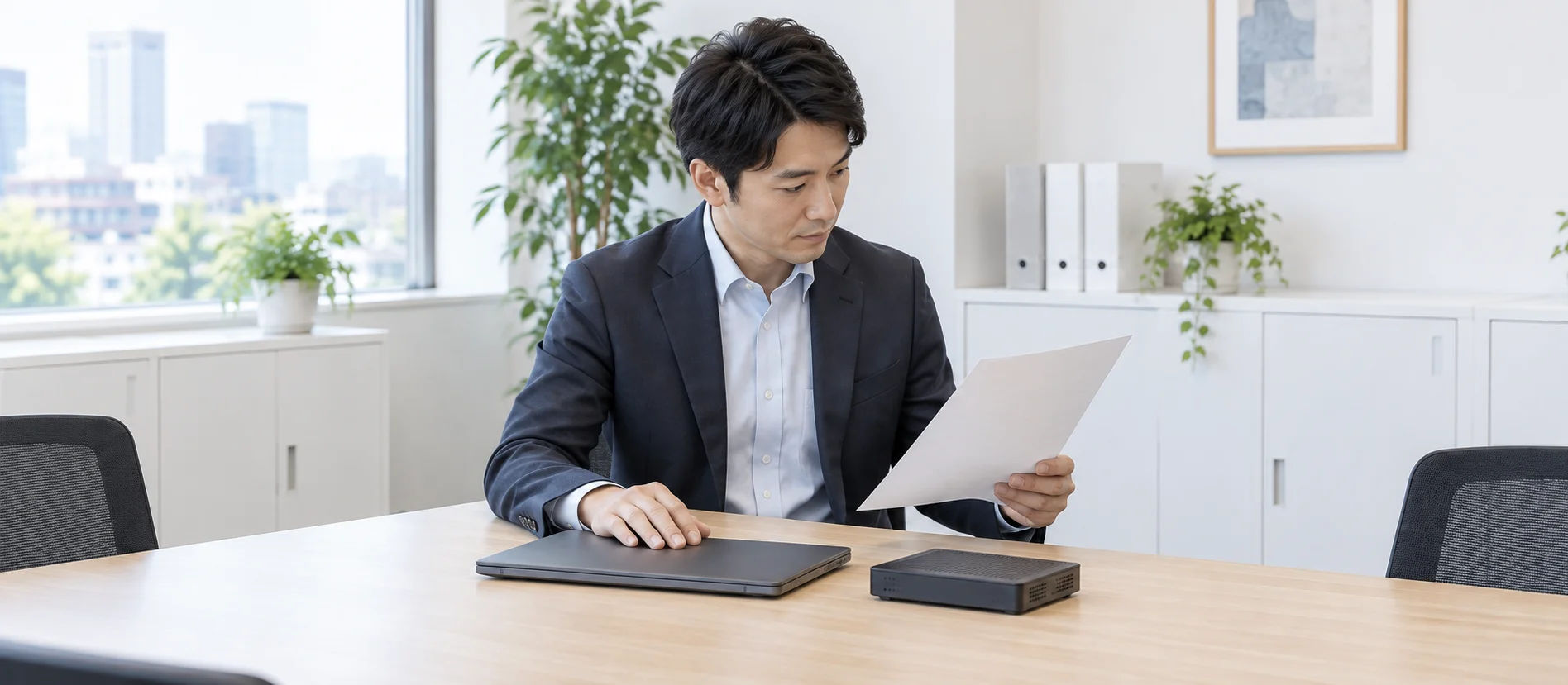 ノートPCとネットワーク機器を資料と照合する担当者