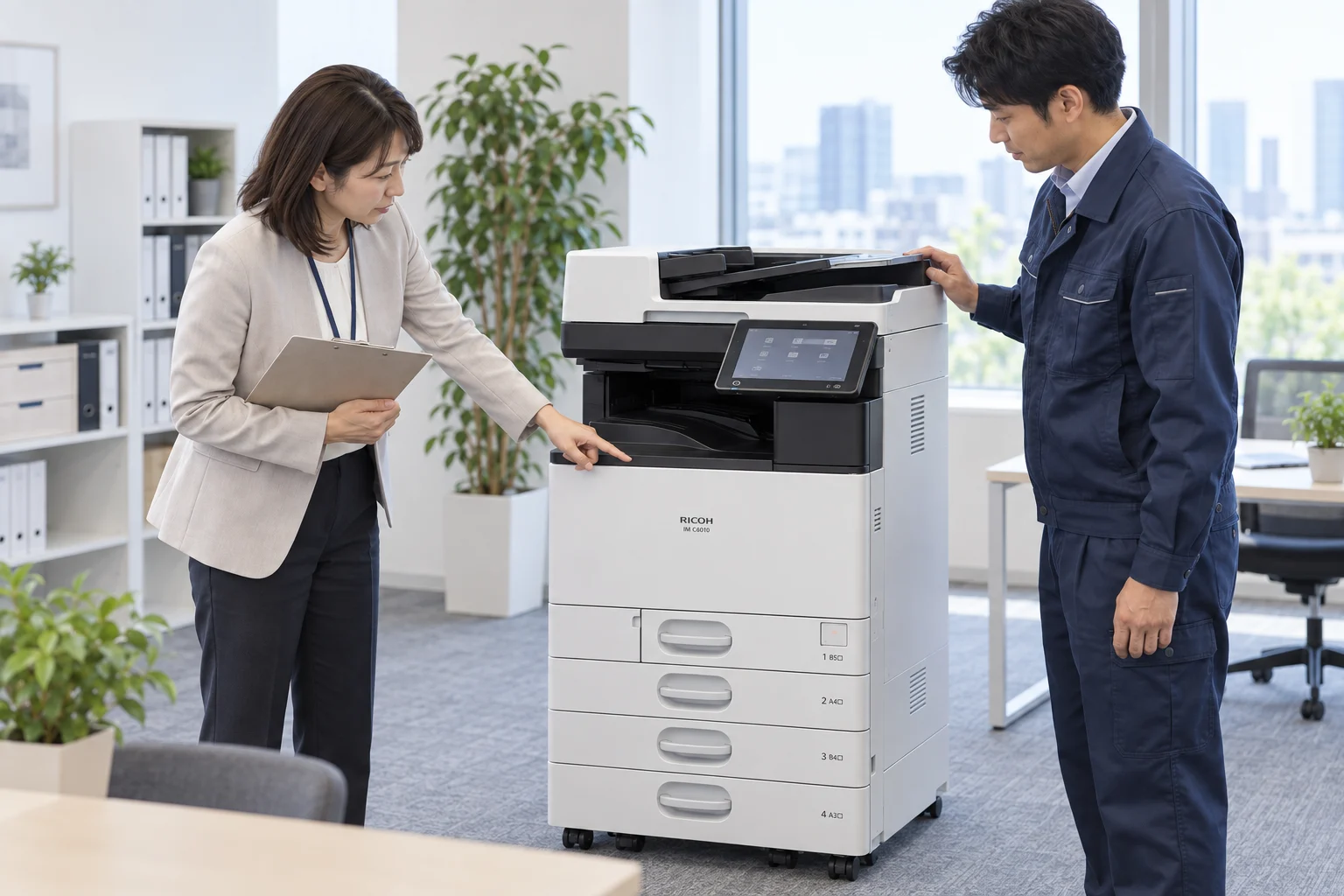 納品された複合機の構成を、書類と照らし合わせて確認する担当者
