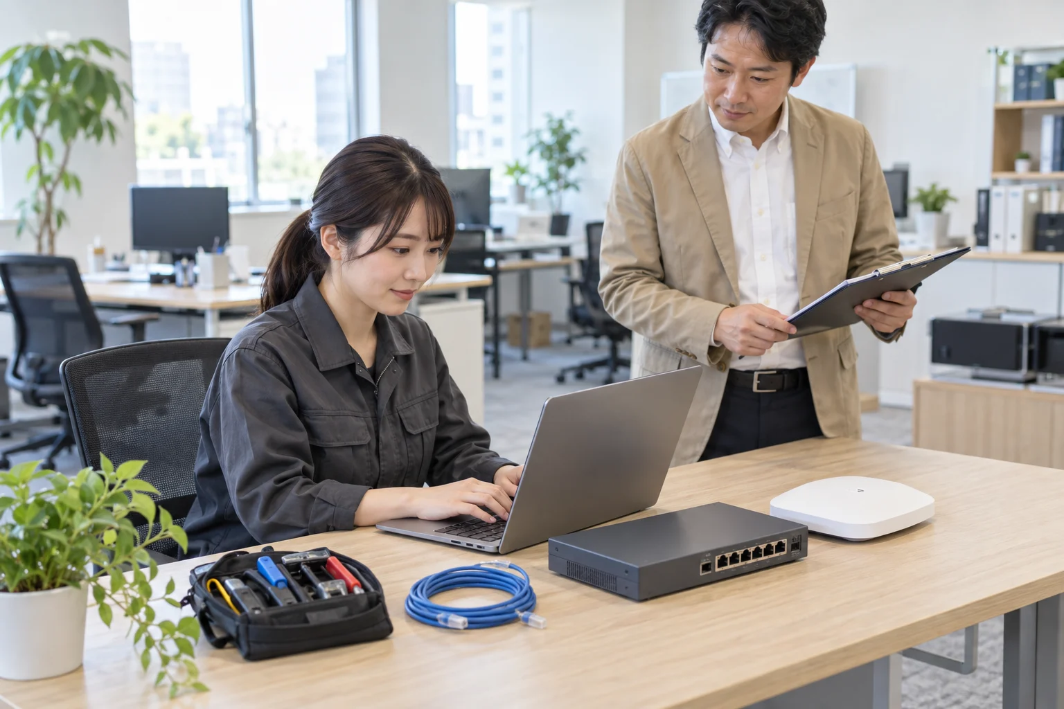 机上にネットワーク機器と工具を並べ、PCとチェックリストで導入準備を進める担当者