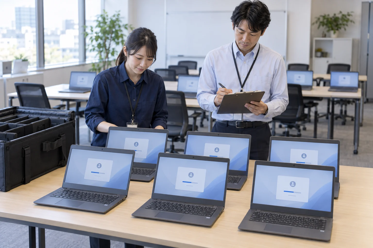 短期プロジェクト用の複数のノートPCを、運搬ケースから出して確認する担当者