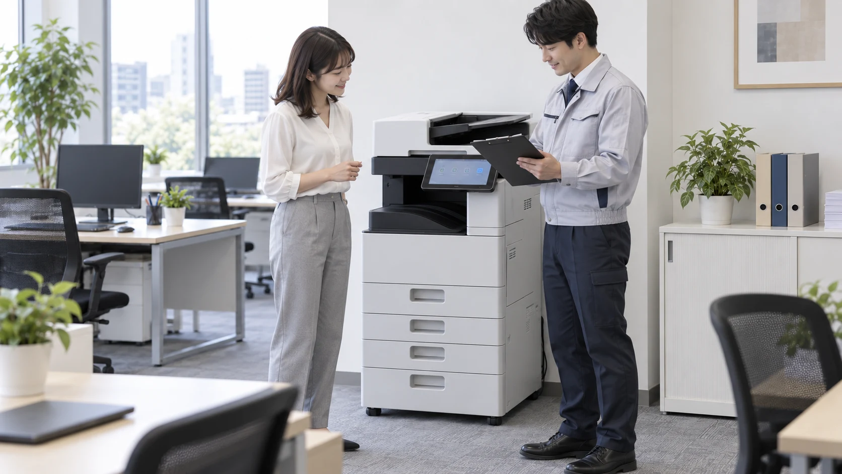 複合機のそばでタブレットを確認する二人