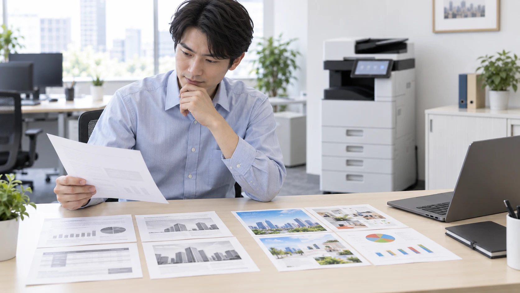 机に並べた資料を見比べる担当者