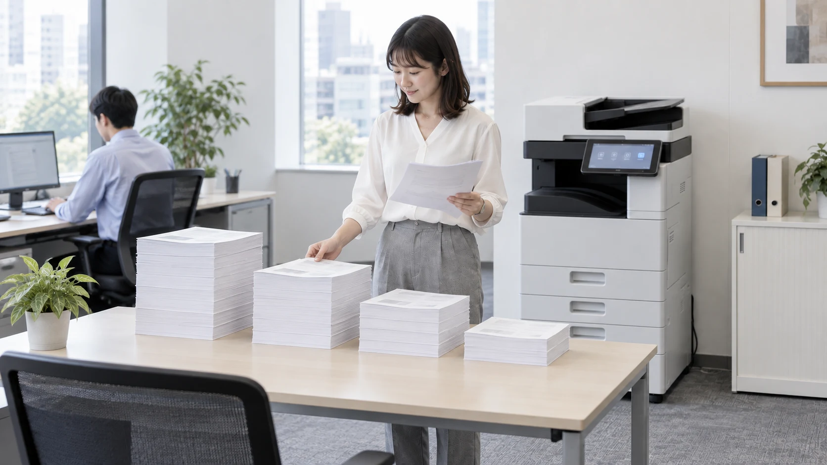 厚さの異なる紙束を整理する担当者