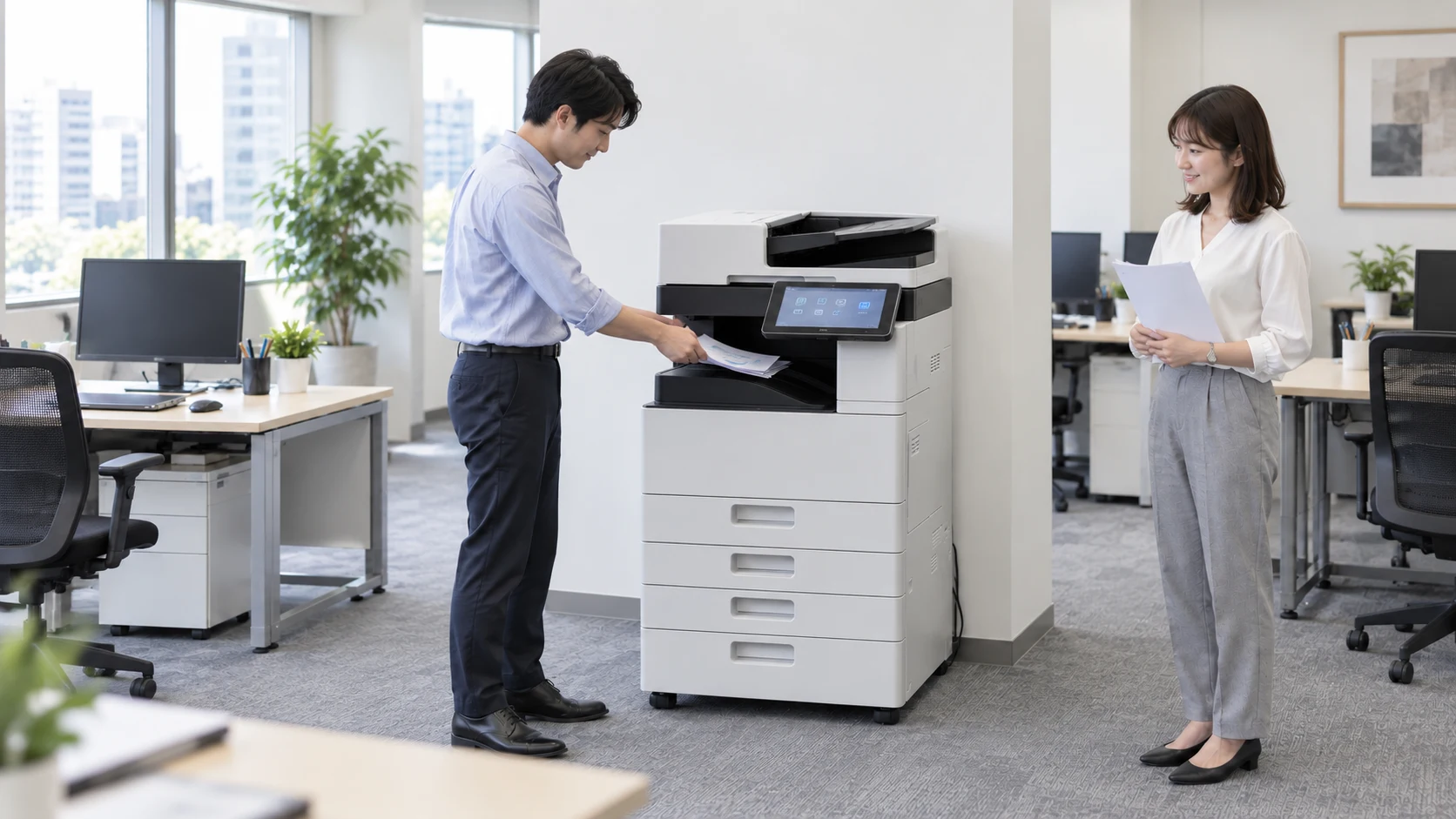 資料を取り出す担当者と近くで書類を持つ同僚