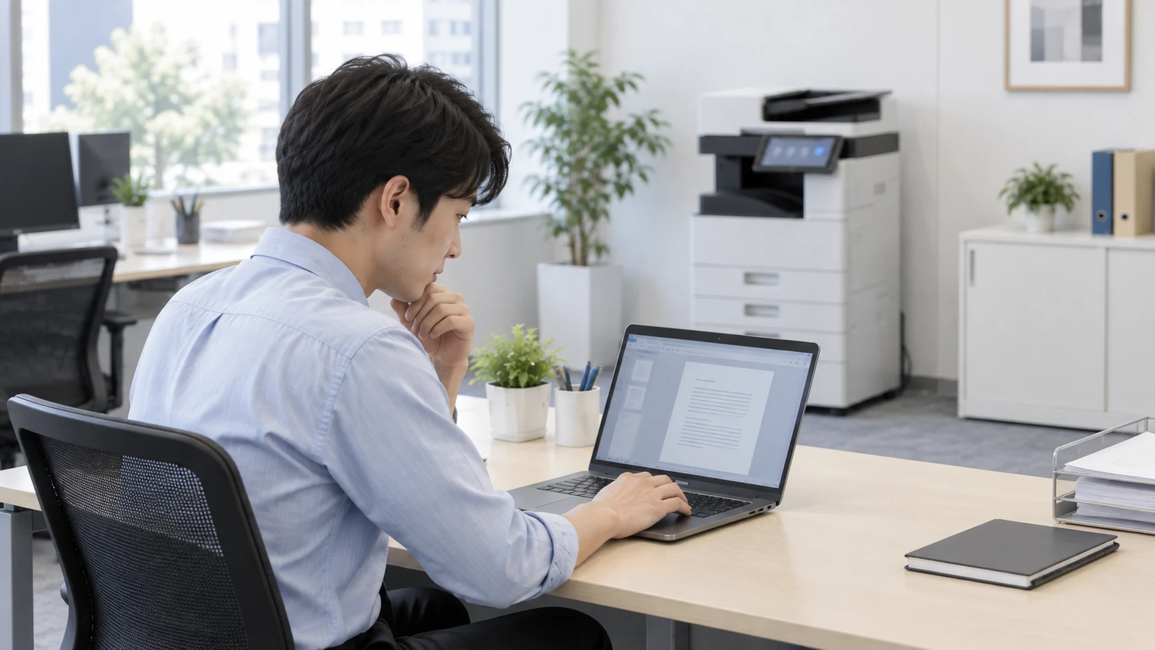 ノートパソコンの画面で文書を確認する担当者