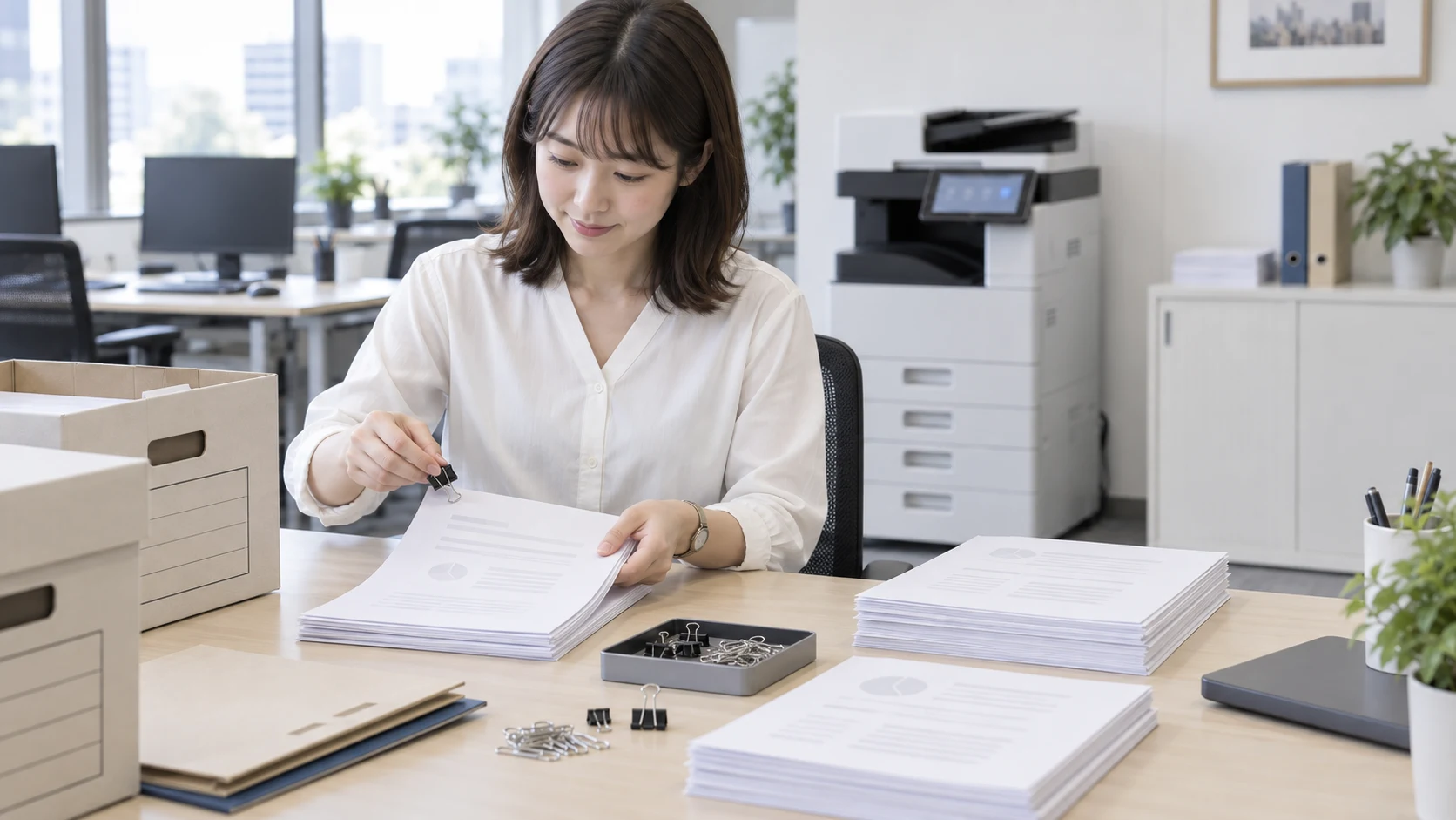 クリップを外して紙書類を整理する担当者