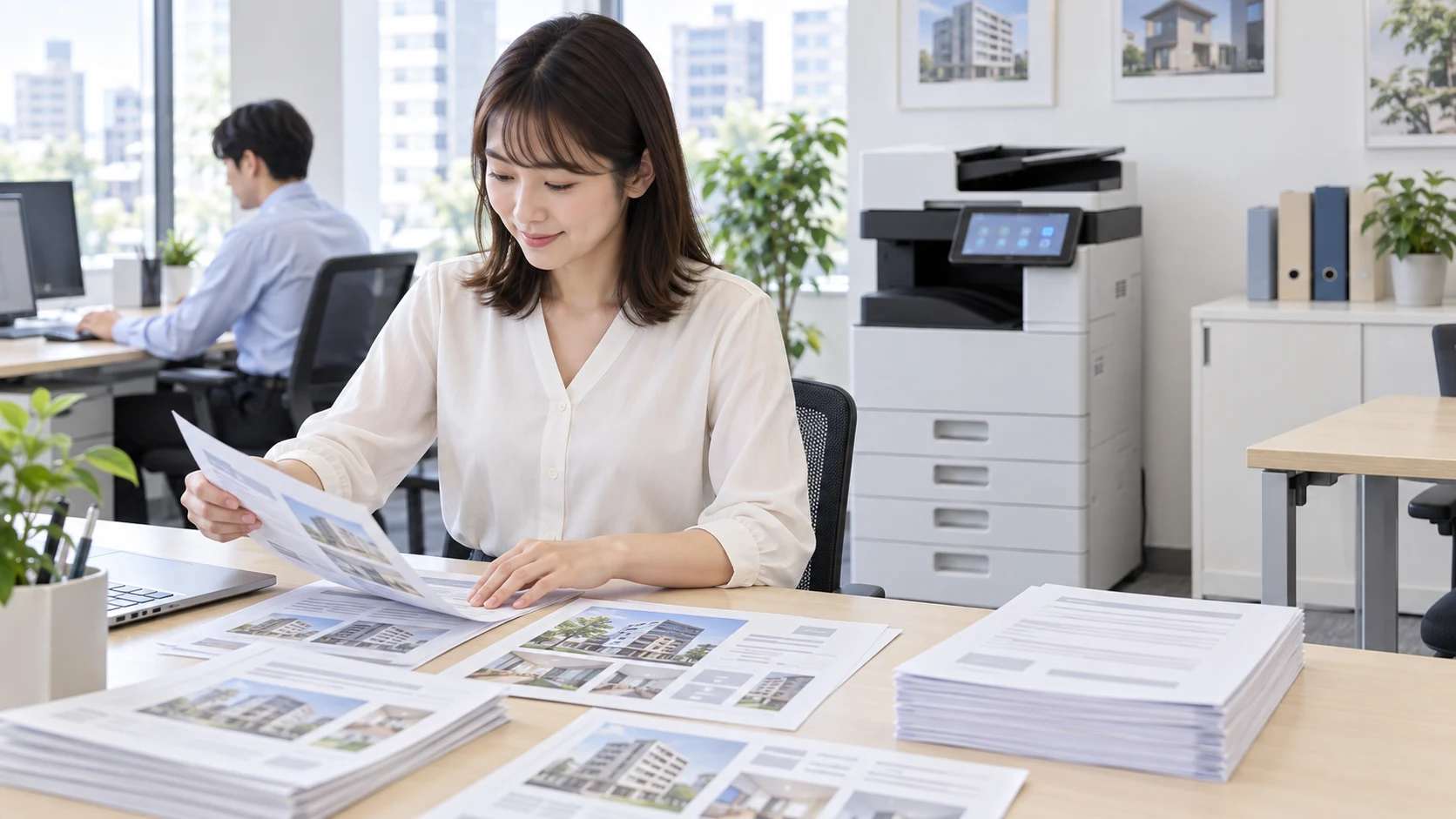 建物の写真が入った資料を整理する担当者