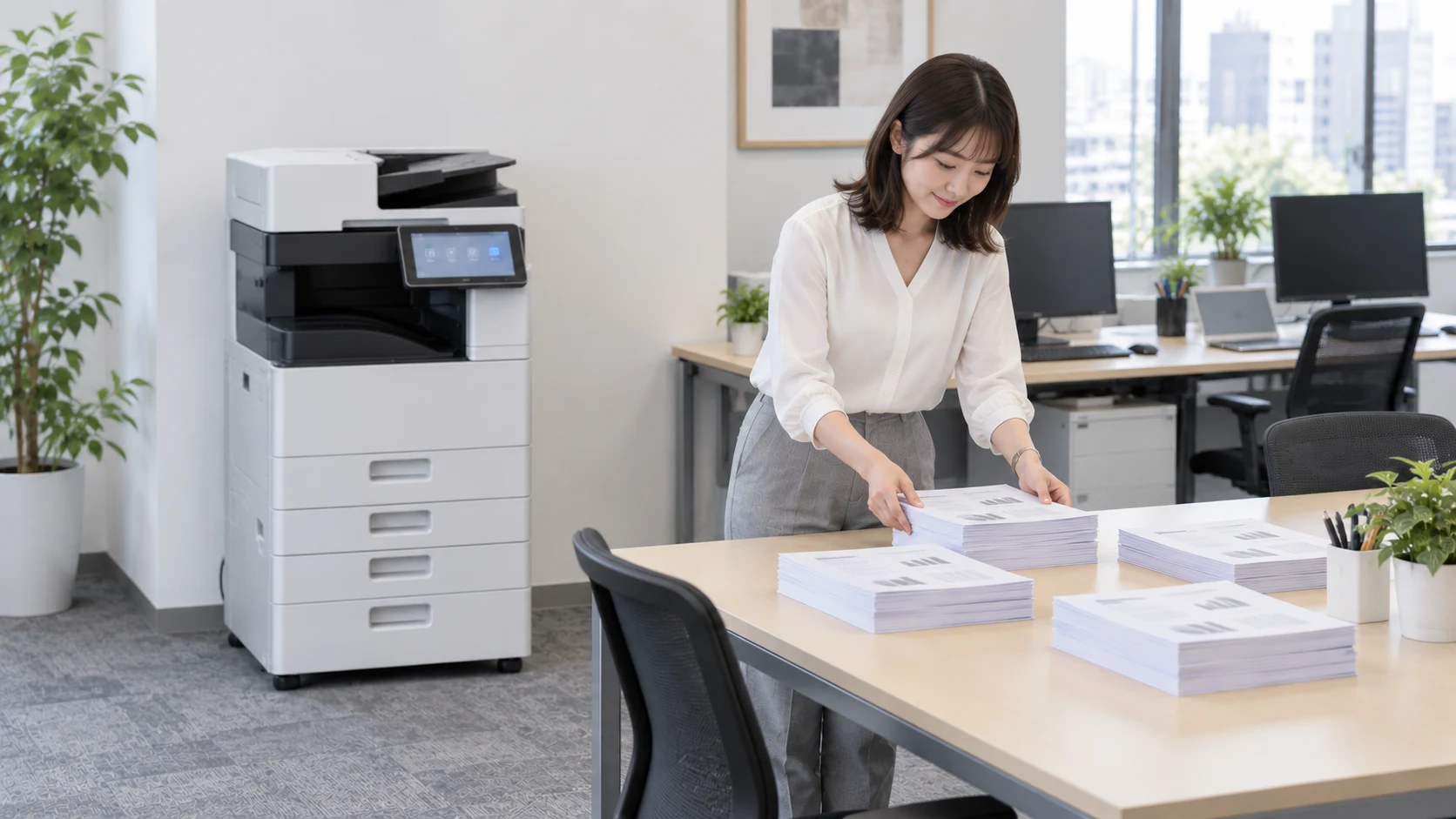 事務室で複数の書類の束を整理する担当者
