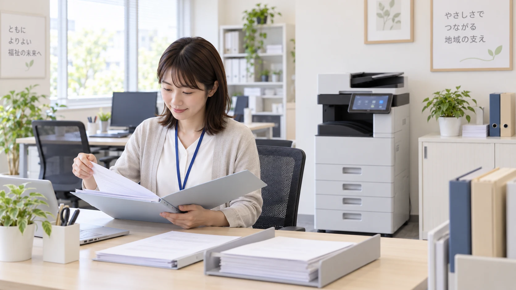 ファイルを開いて書類を確認する職員
