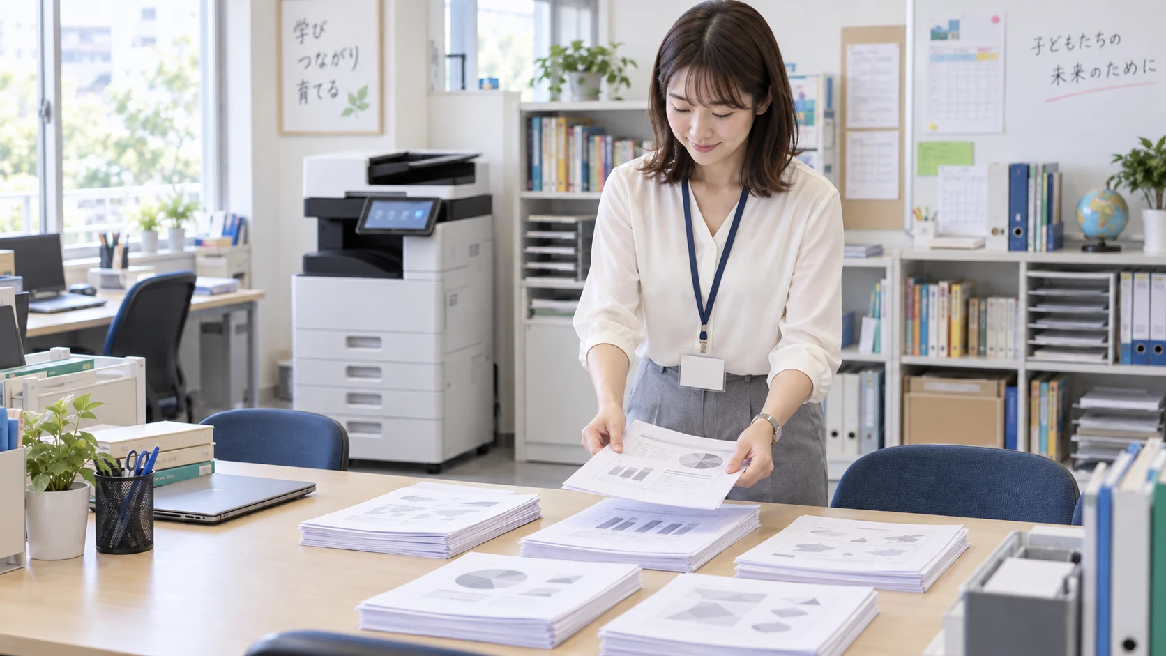 書棚のある職員室で配布資料を準備する職員