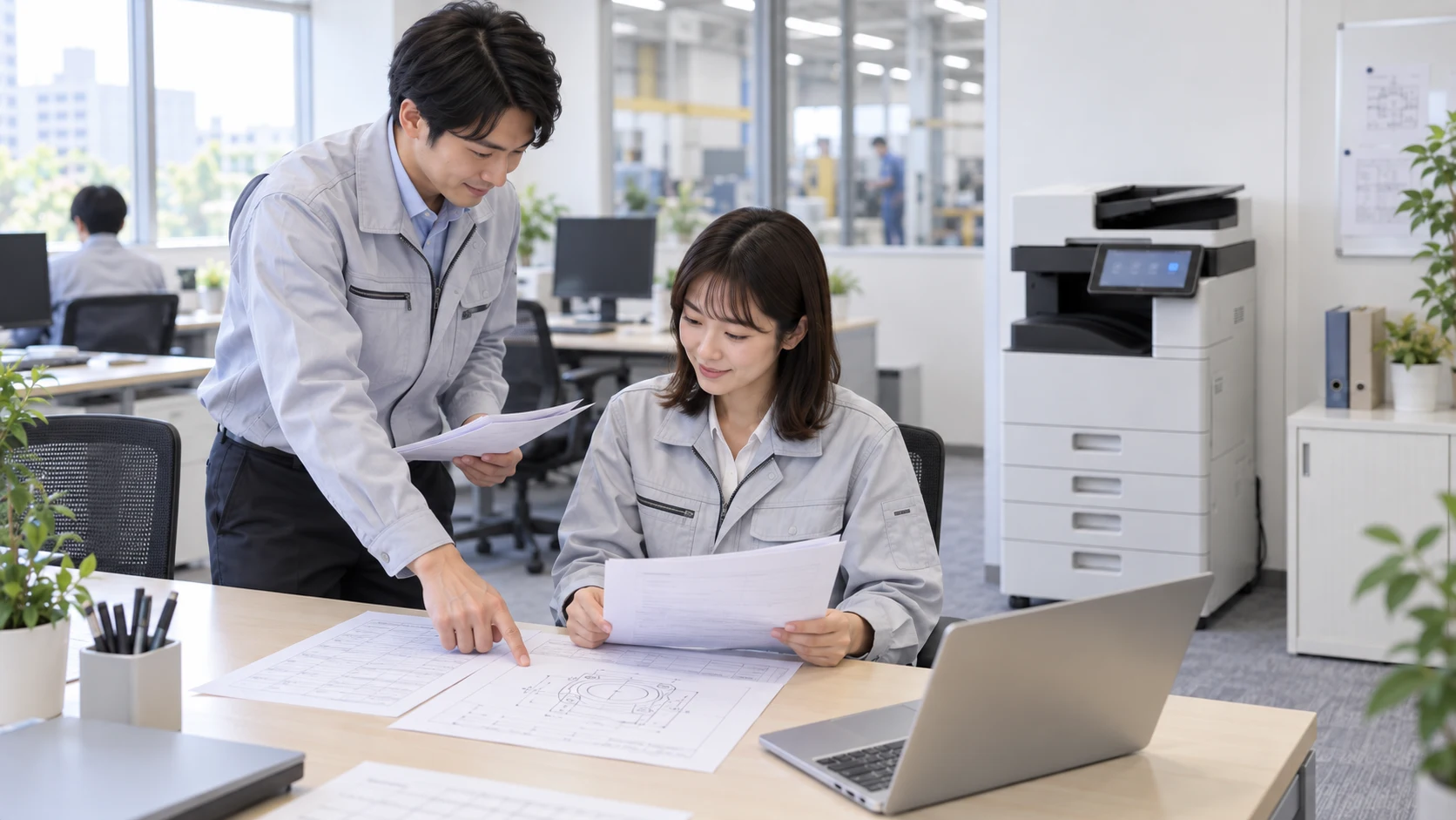 作業服姿の二人が机上の図面を確認する様子