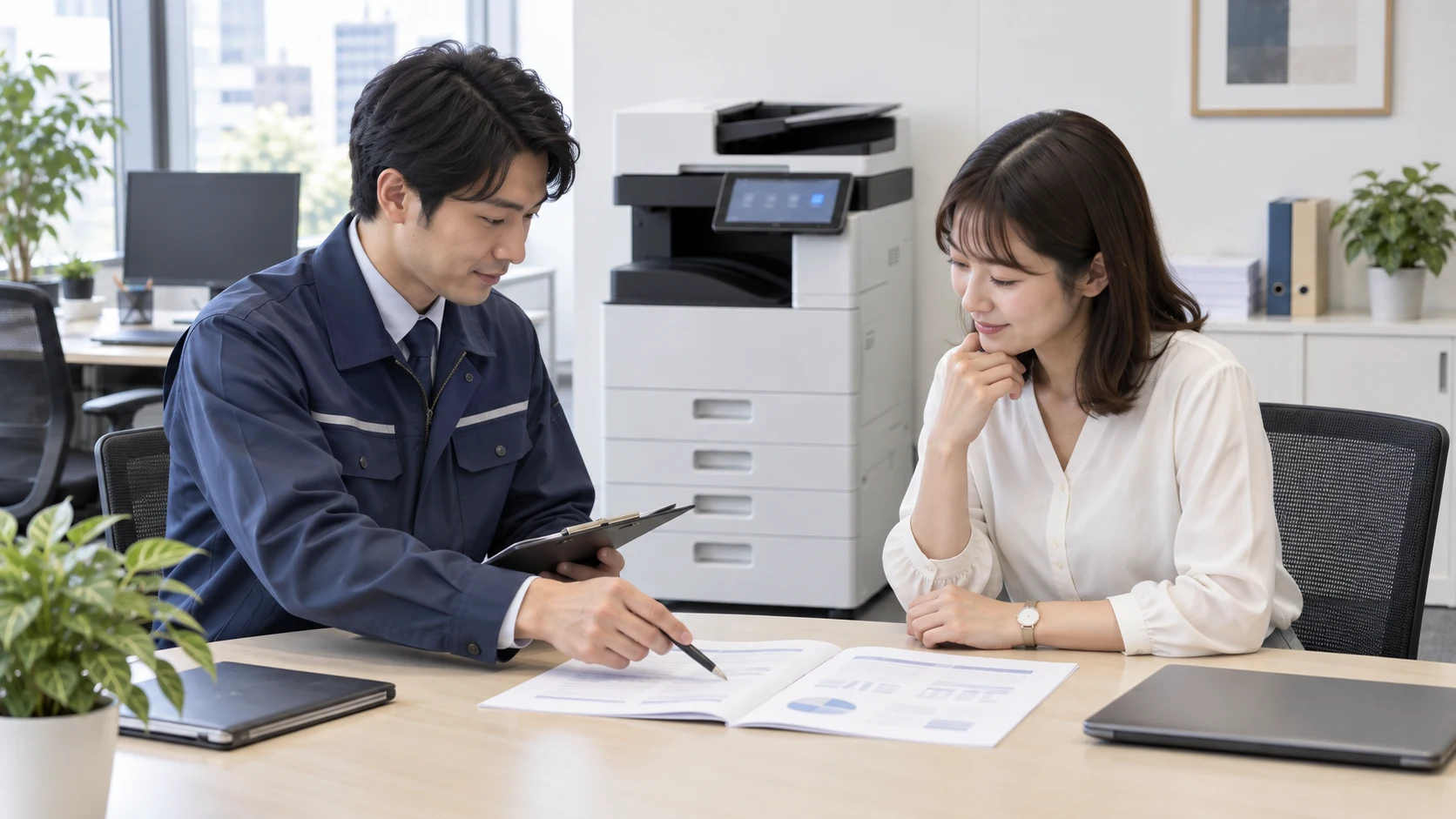 作業服の担当者と事務担当者が書類を確認する様子