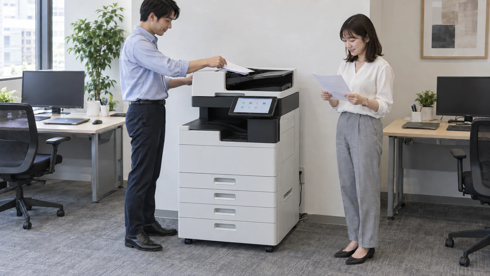 複合機で原稿を読み取り、出力した書類を確認する人たち