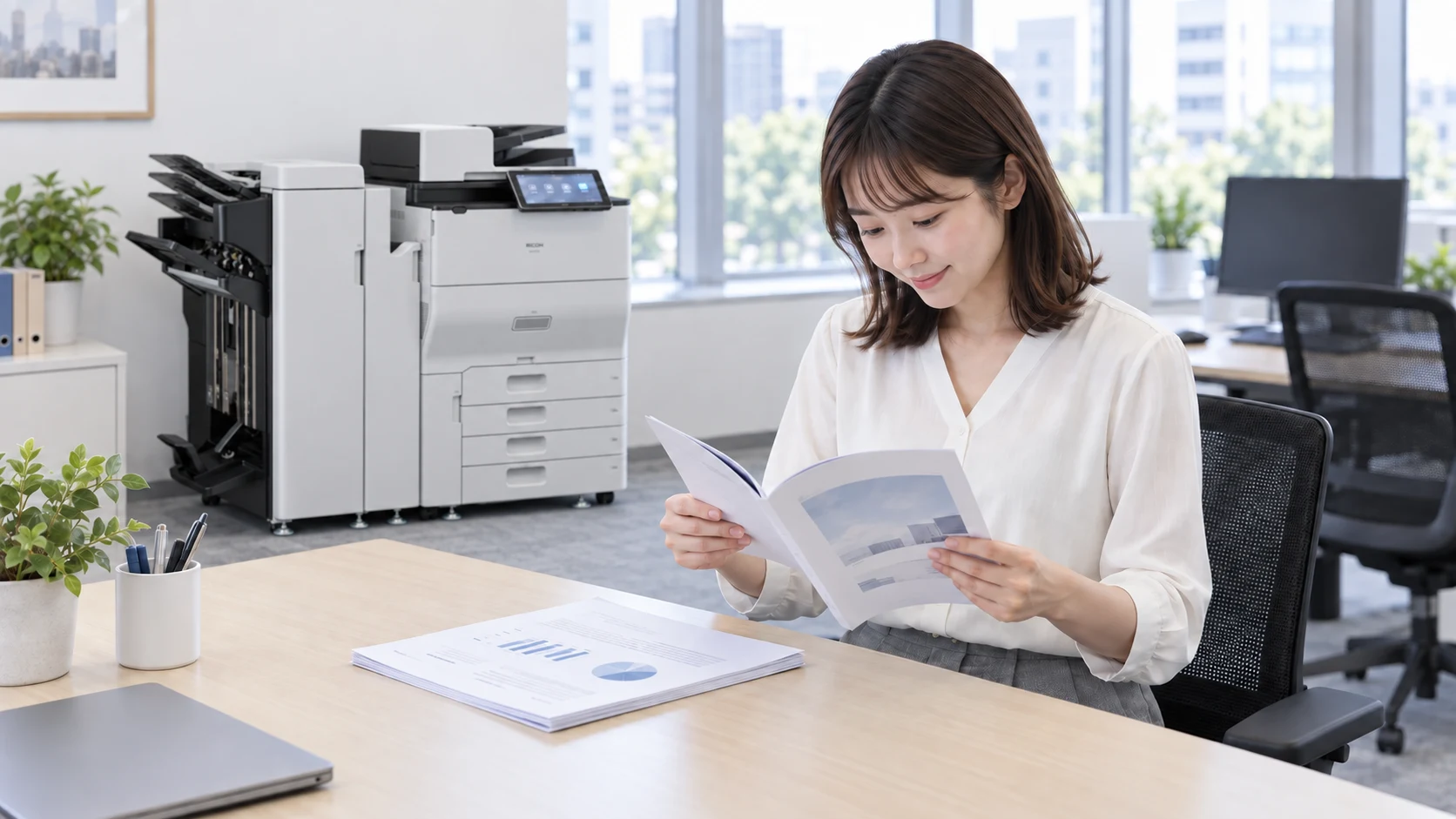 外付けフィニッシャーを装着した複合機のそばで冊子の仕上がりを確認する担当者