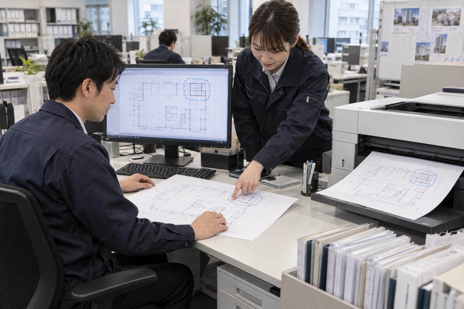 本社で建築図面の青い改訂箇所を確認し、複合機からA3図面を印刷する担当者たち