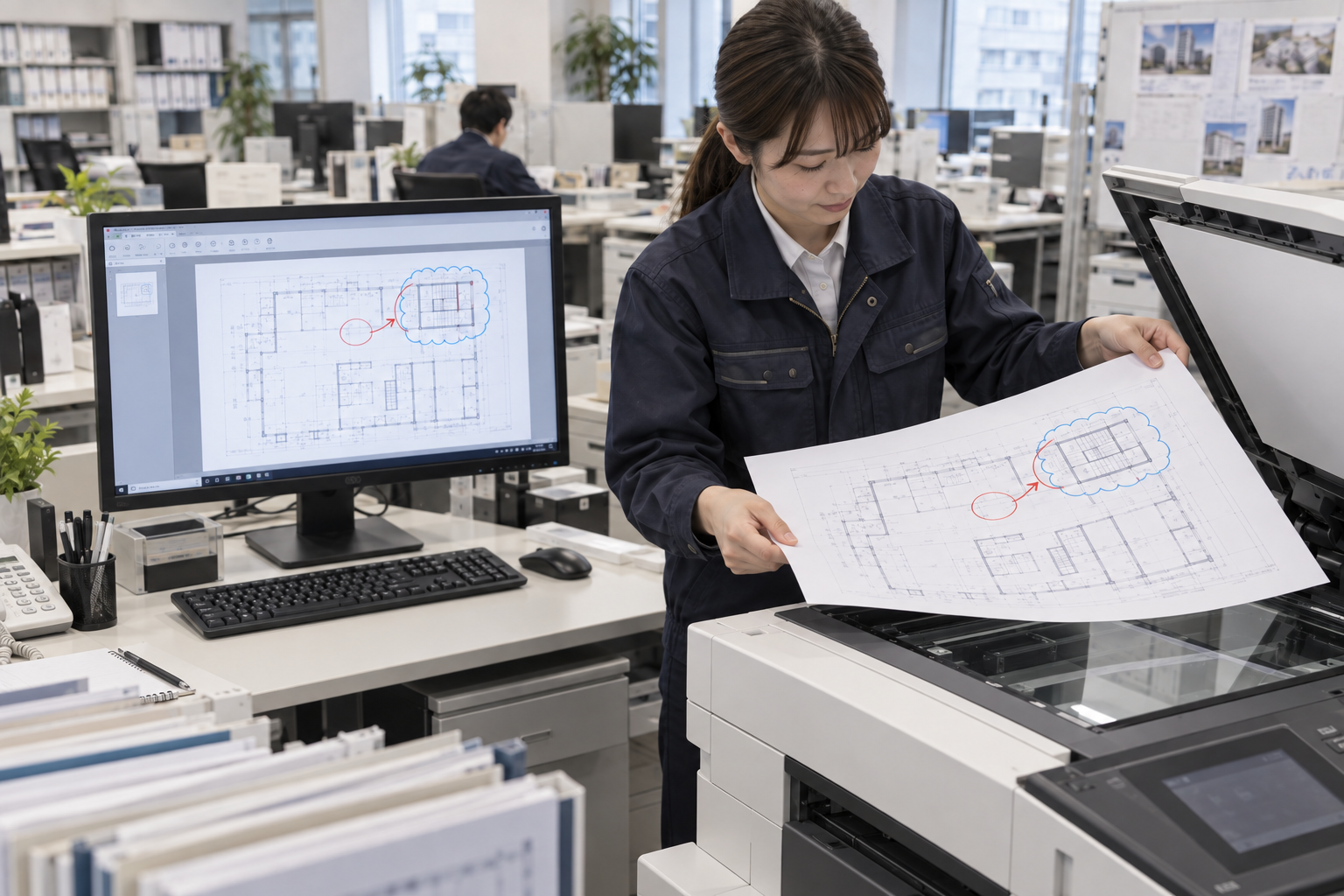 本社で赤い書き込みのあるA3図面をスキャンし、同じ書き込みが見えるPDFを画面で確認する担当者