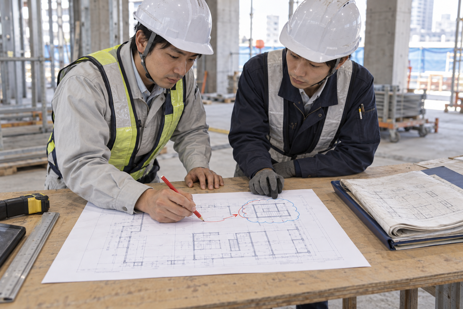 建設現場で、青い改訂箇所のある図面に赤いペンで書き込む作業員たちと、脇に分けた古い図面