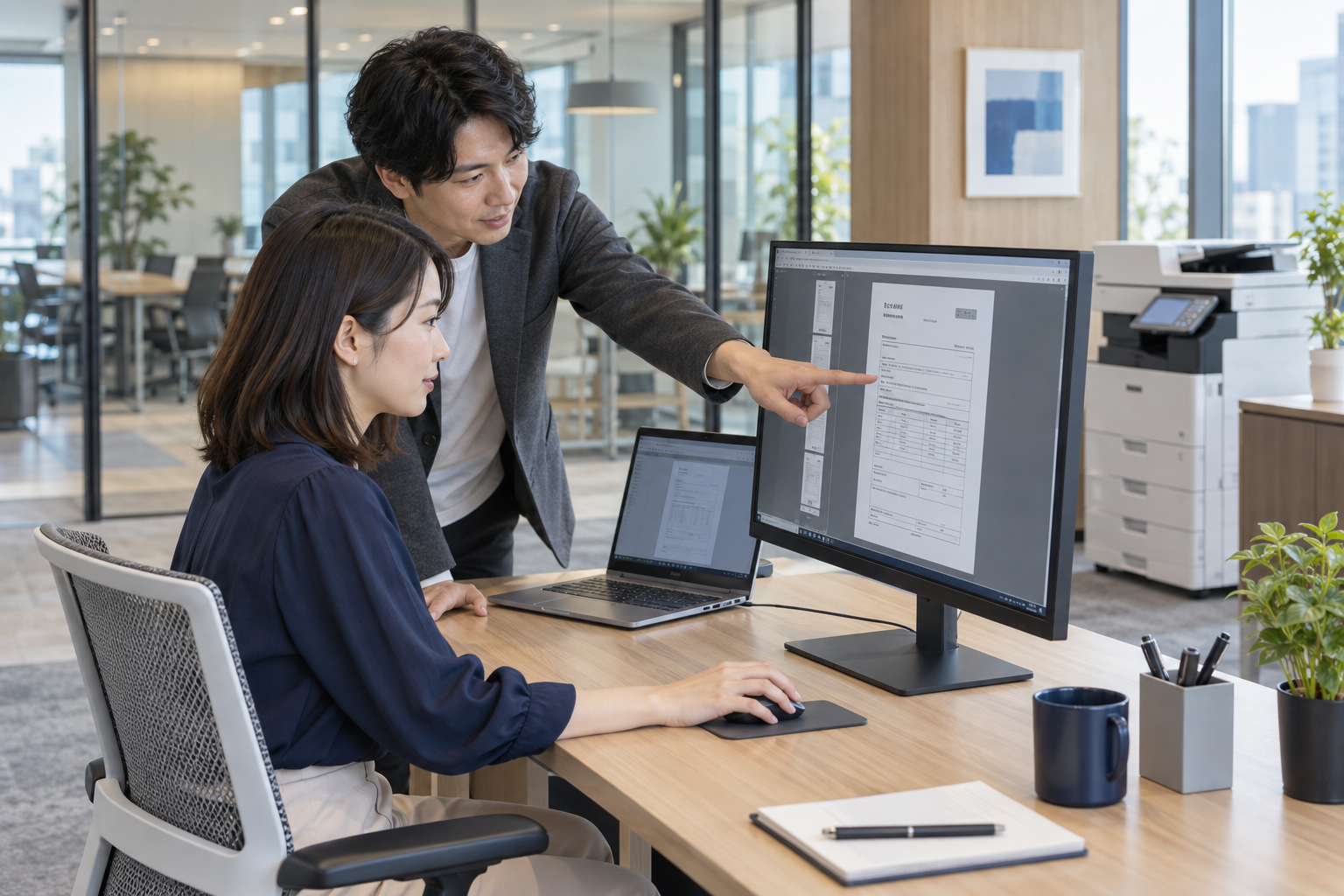 B社のIT系オフィス。担当者2人がPC画面に表示した受信FAXの文書を確認している