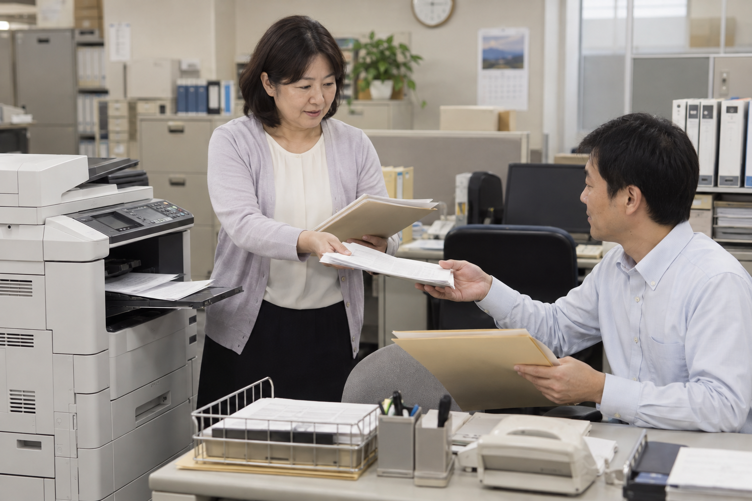 A社の事務所。複合機から出たFAX用紙を女性が仕分け、同僚へ手渡している