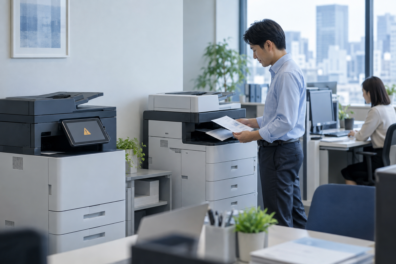 故障表示のある複合機の隣で、社員が別の複合機から印刷物を受け取っているオフィス