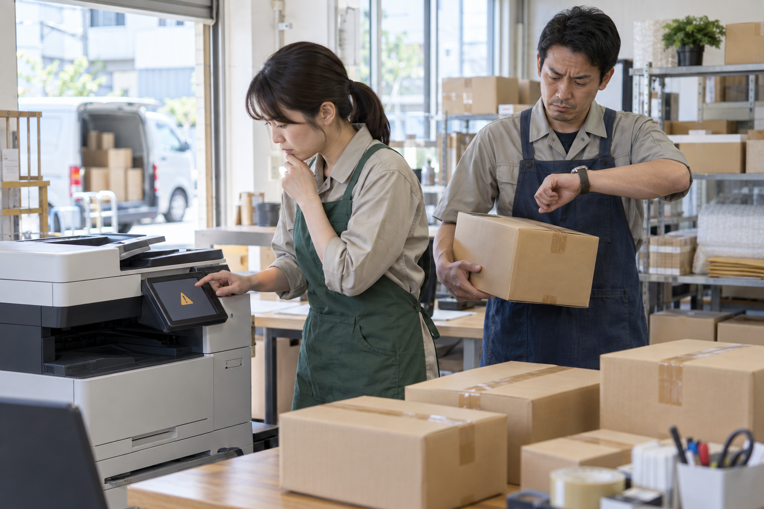 故障表示のある複合機の前で出荷担当者が困り、伝票待ちの荷物が並ぶ別会社の出荷場