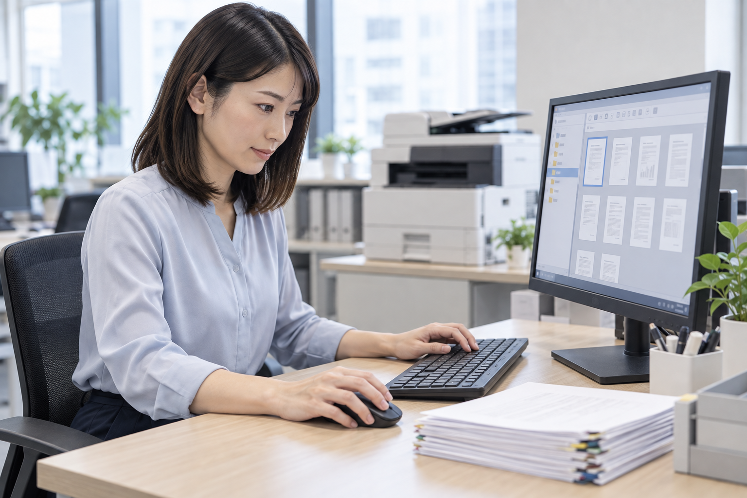 担当者がパソコン画面のPDFのページ一覧を確認し、ファイルを整理している