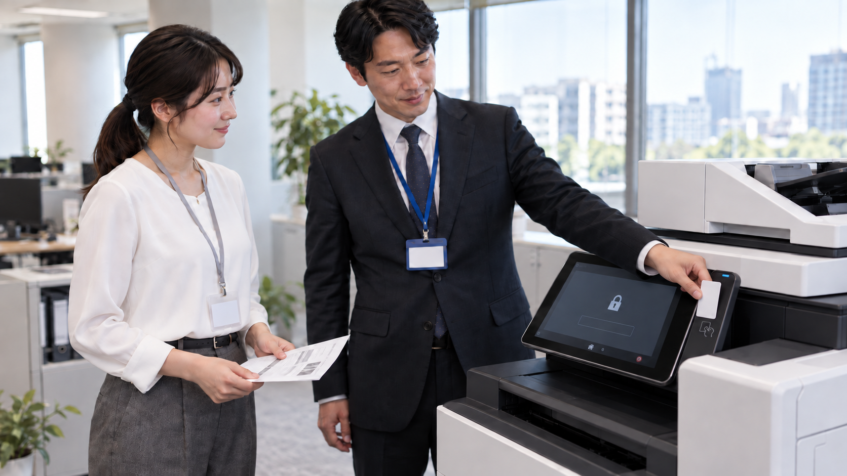 書類を持つ女性社員が待つ横で、管理担当者が複合機の操作画面のすぐ右にある縦長の読取部へ認証カードをかざしている