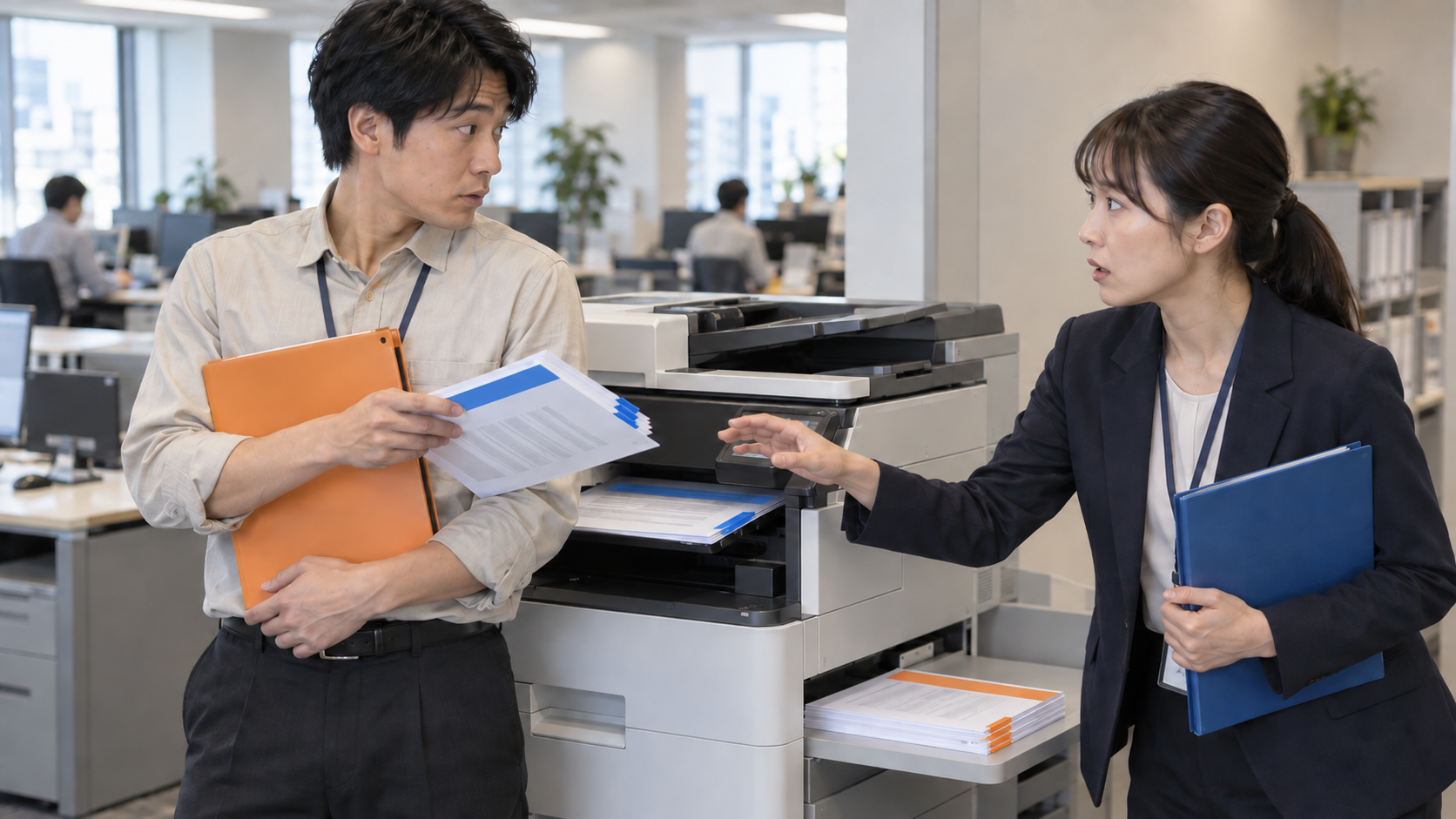 オレンジ色のフォルダーを持つ社員が青い目印の書類を誤って持ち、青いフォルダーの持ち主が気づいて手を伸ばしている