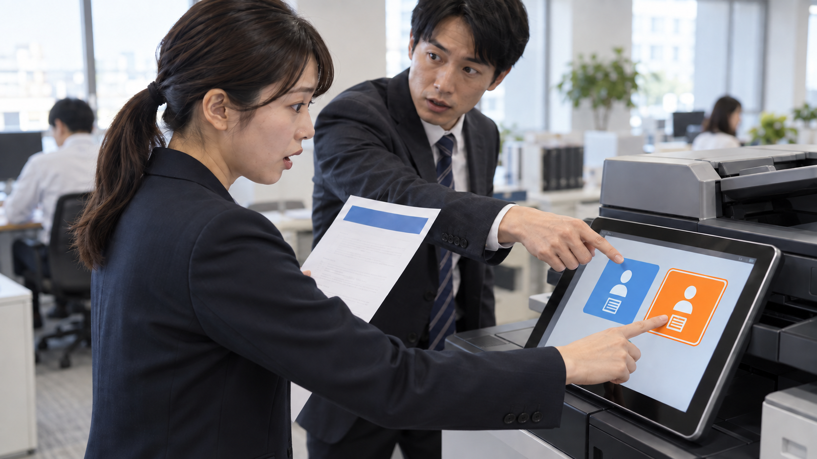 青い帯の文書を持つ社員がオレンジ色の宛先ボタンを押そうとする直前に、同僚が正しい青い宛先を指している