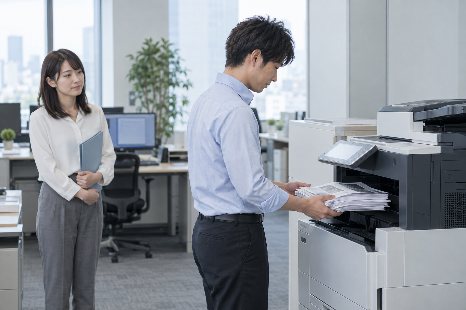 複合機から大量の資料を受け取る社員の後ろで、別の社員が書類を持って順番を待っている