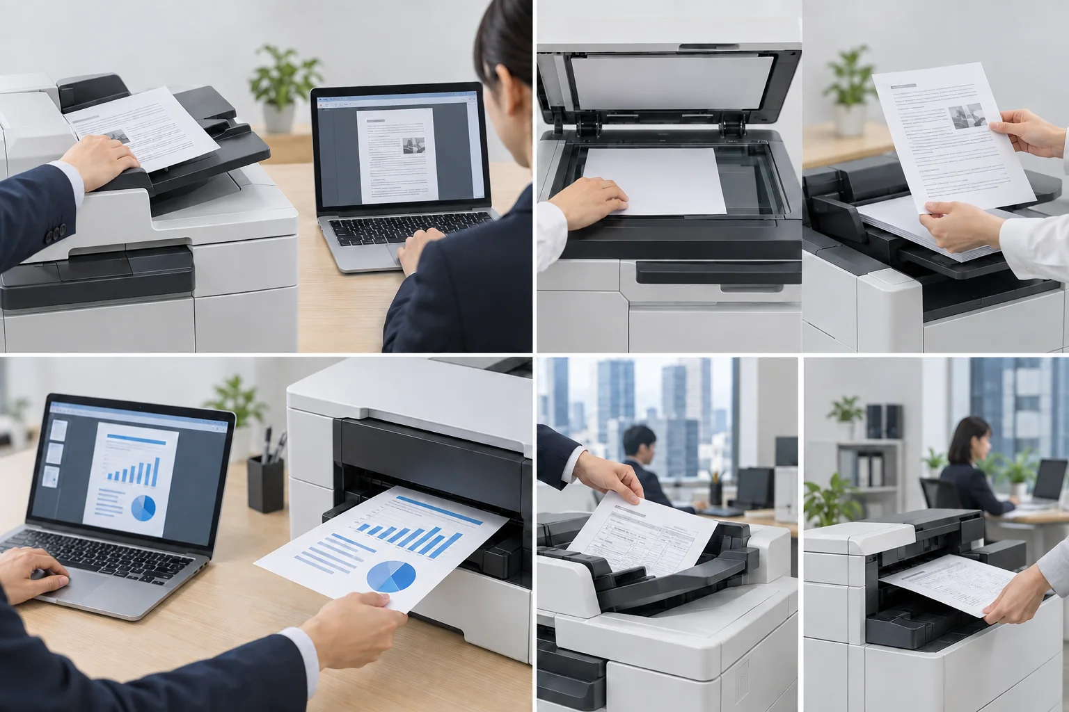 左上:紙をPDFにするスキャン。右上:紙の原稿を複製するコピー。左下:データを紙に出すプリント。右下:離れた相手と文書をやり取りするFAX。