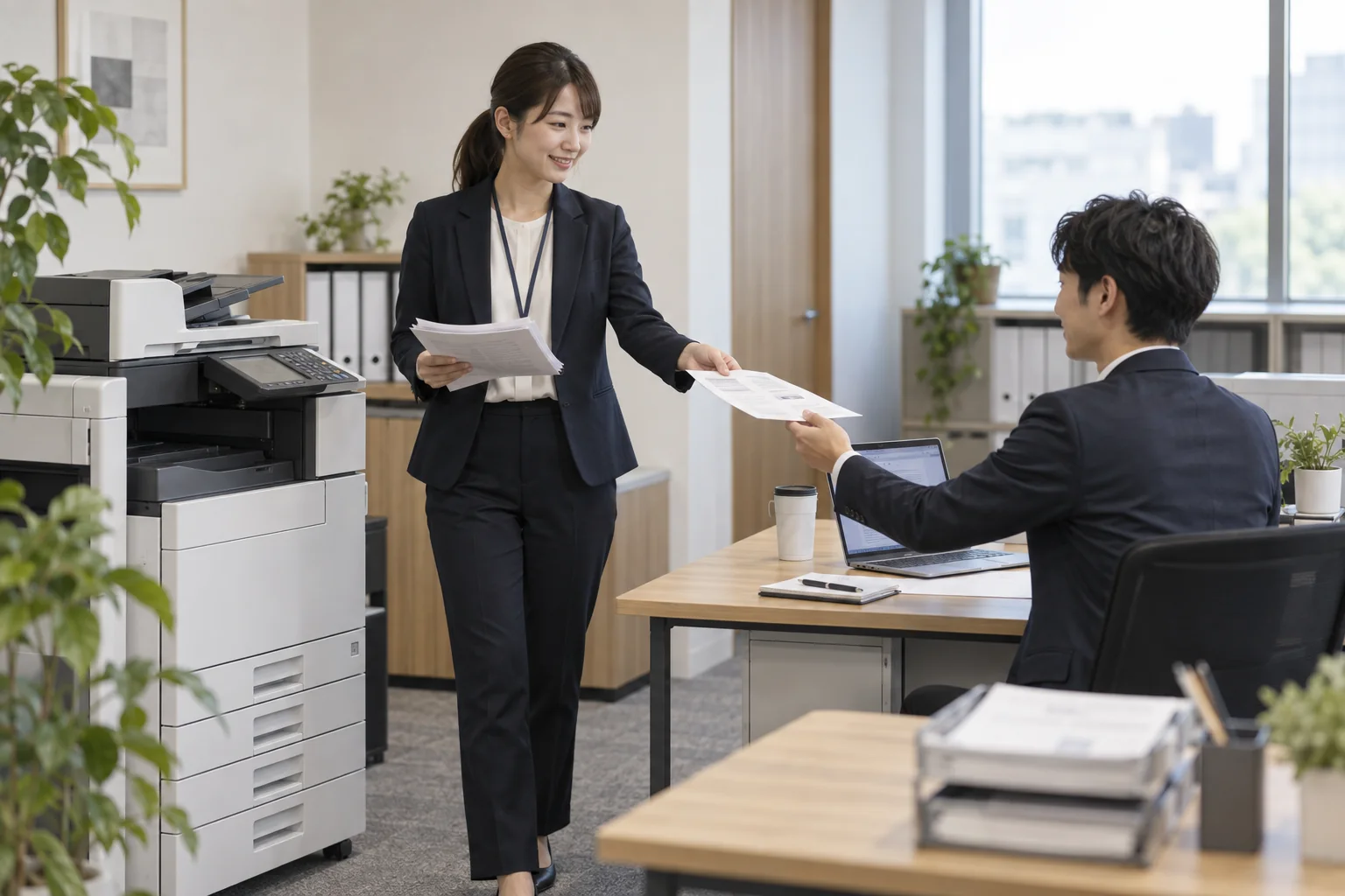 複合機のそばで受信した紙のFAXを担当者へ手渡す場面